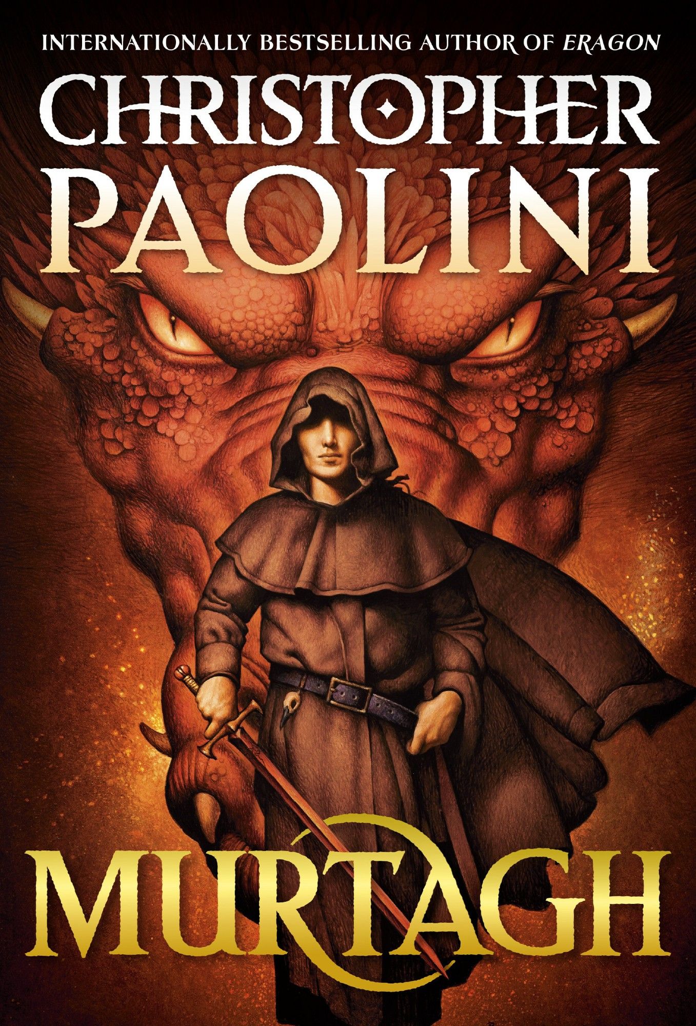 English cover of the book Murtagh written by Christopher Paolini with Murtagh the Dragonrider in a long brown hooded cape with his sword Zar'roc in hand and behind him is his red dragon Thorn's face looming