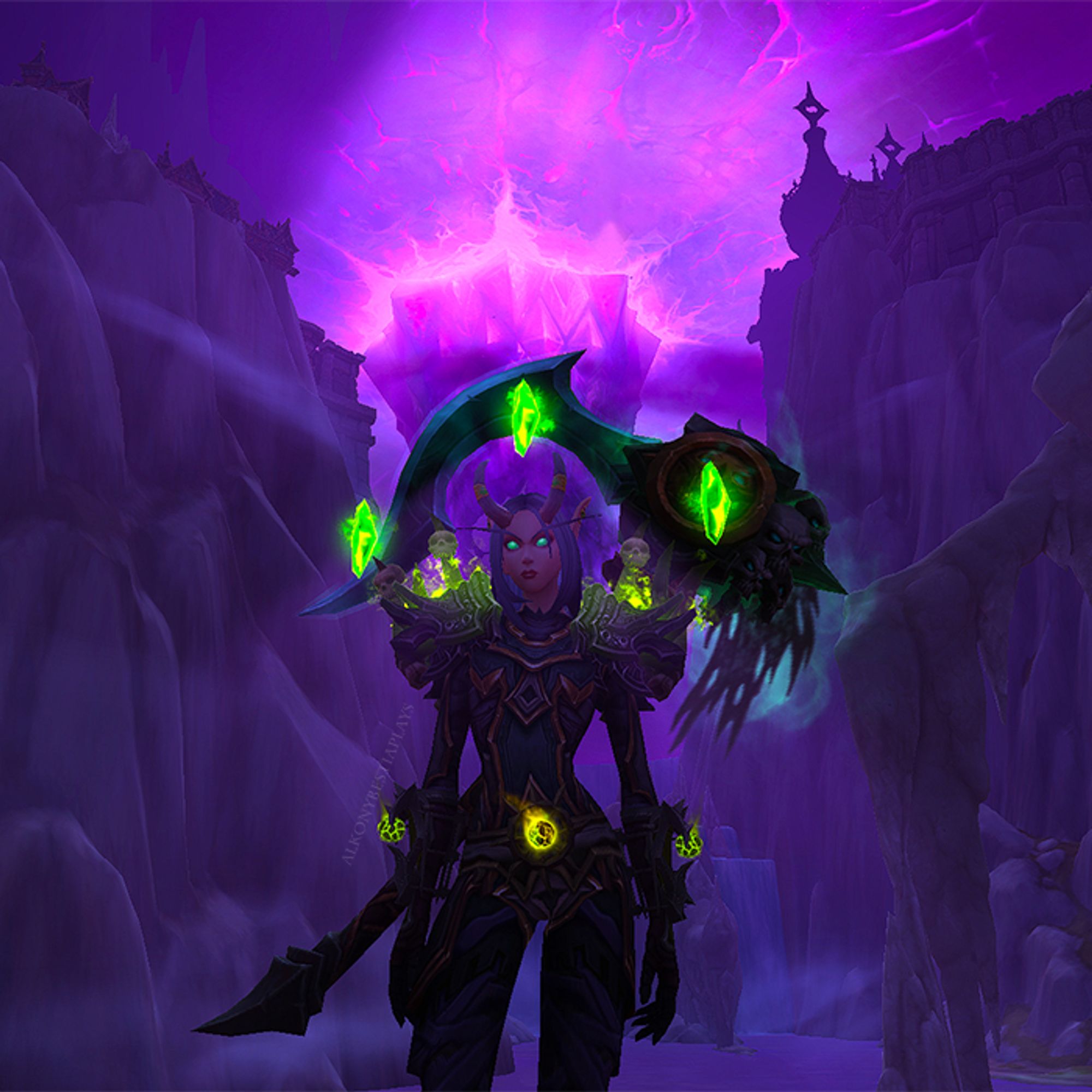 World of Warcraft screenshot of a female blood elf warlock in one of the new zones called Hallowfall with the visage of a dark purple crystal called Beledar the Emperor's Vision in the background