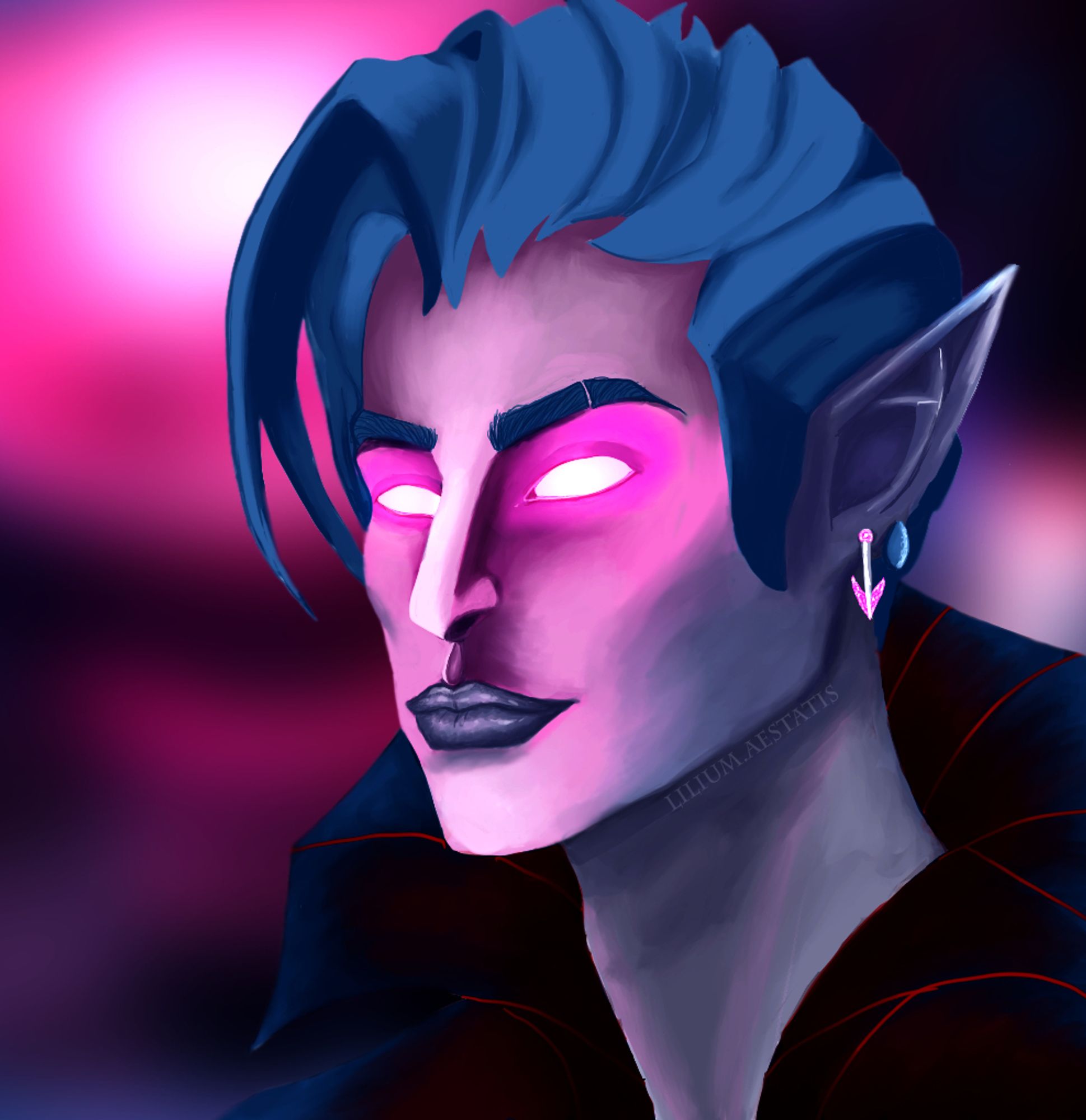 a cyan-blue haired young male vampire with glowing pink eyes sharp pierced ears with earrings and pale blueish skin inspired by the vampire survival game V Rising