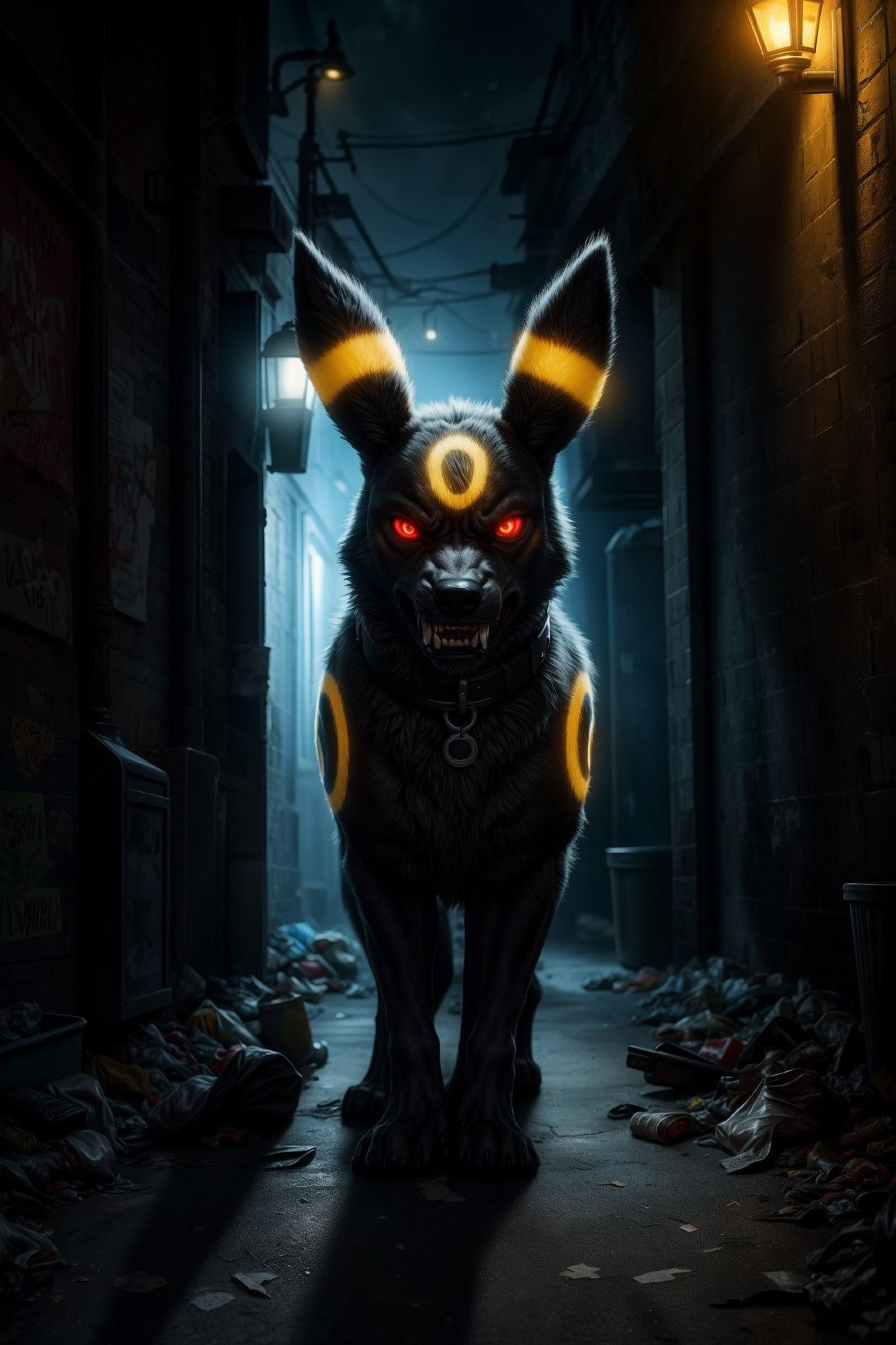 Intimidating umbreon blocks entry to a dark alley.