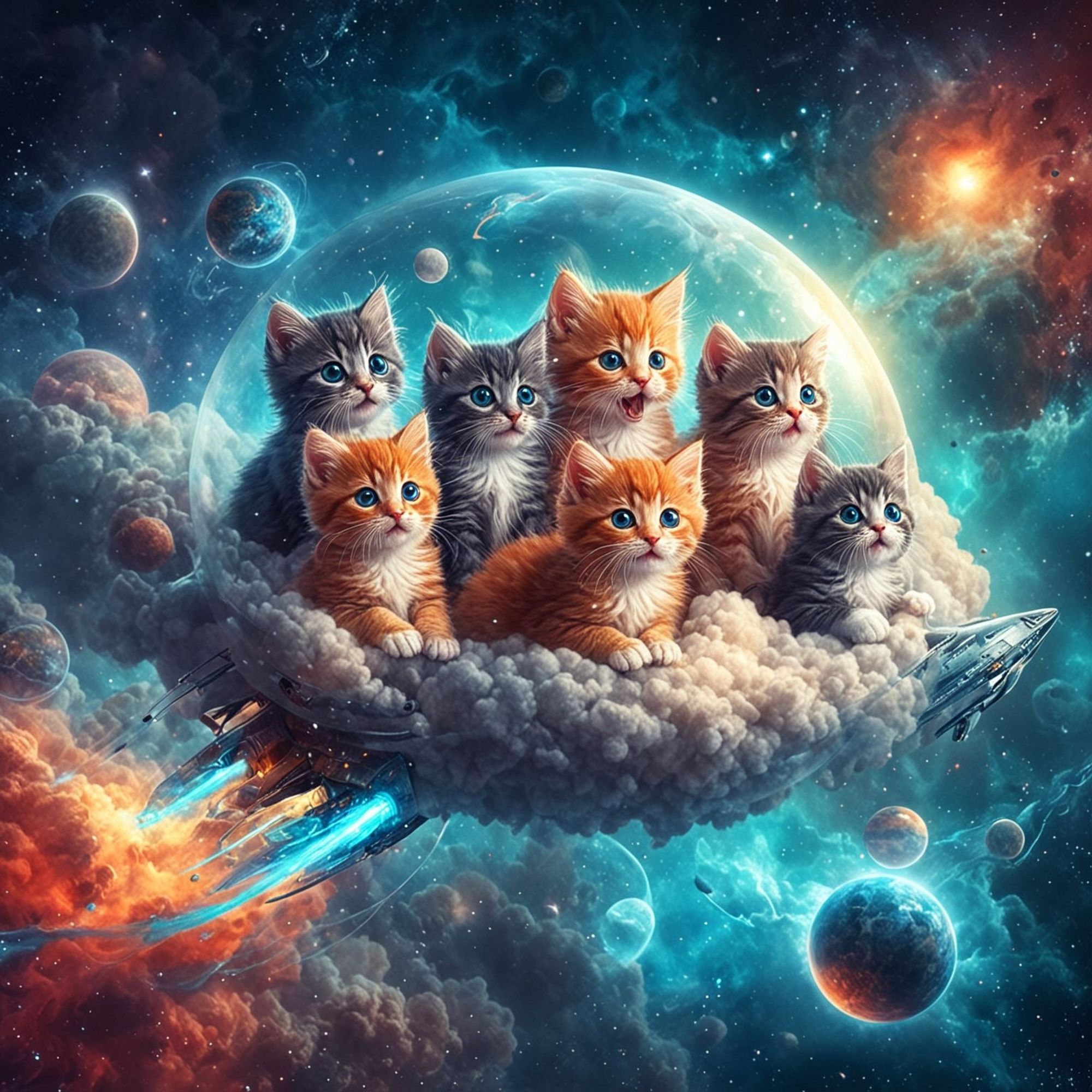 Kittens in a cloud bubble spaceship traveling through space.