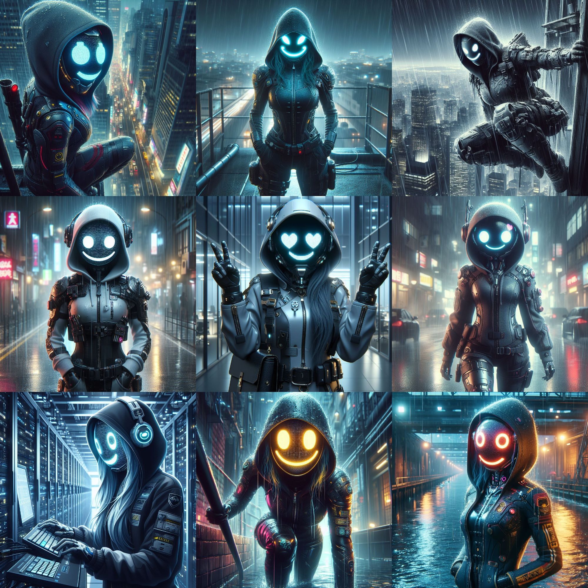 Nine cyberpunk drawings of a shadowrunner girl wearing a power suit, hoodie, and smiley helmet.