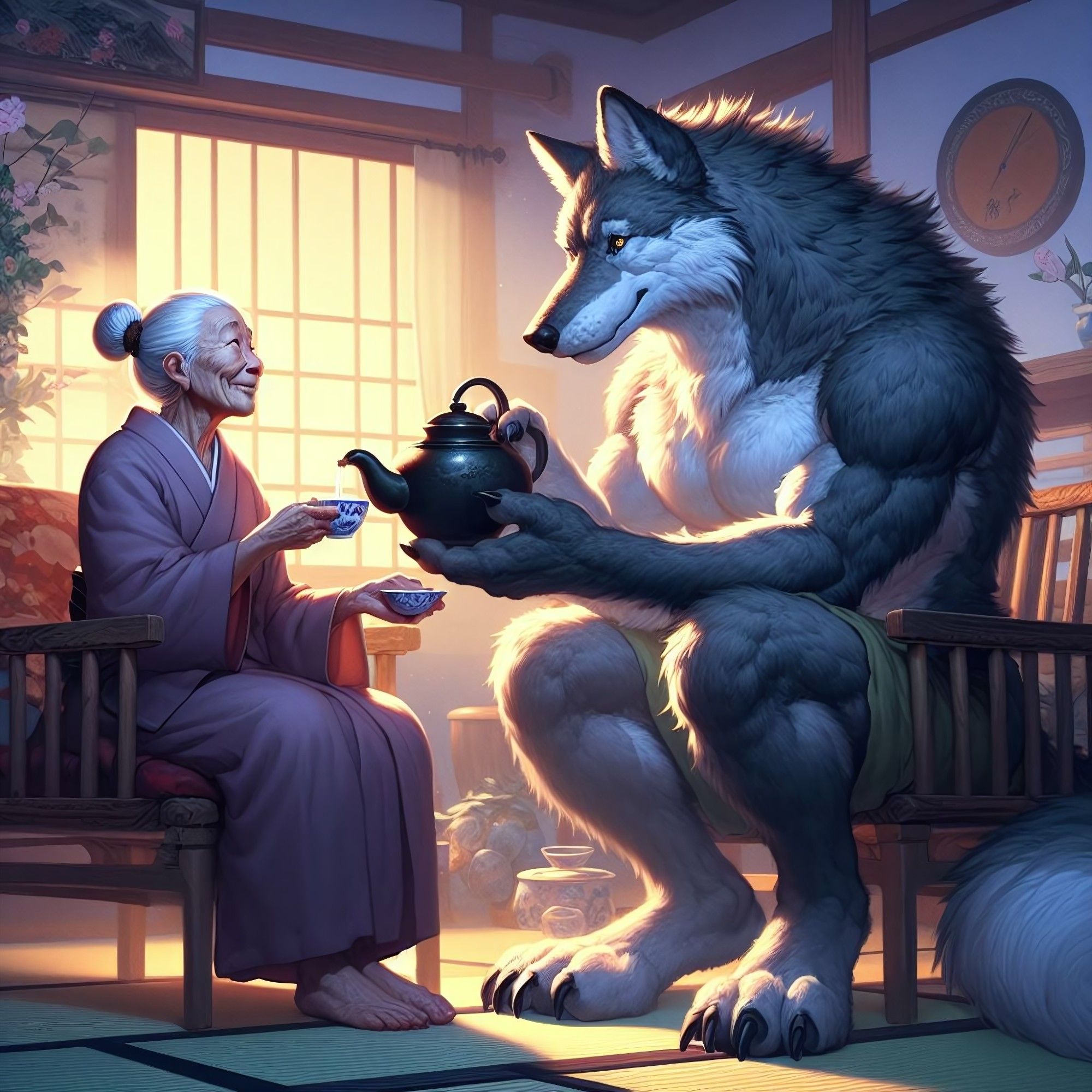 Anthro furry wolf serves tea to old asian granny.