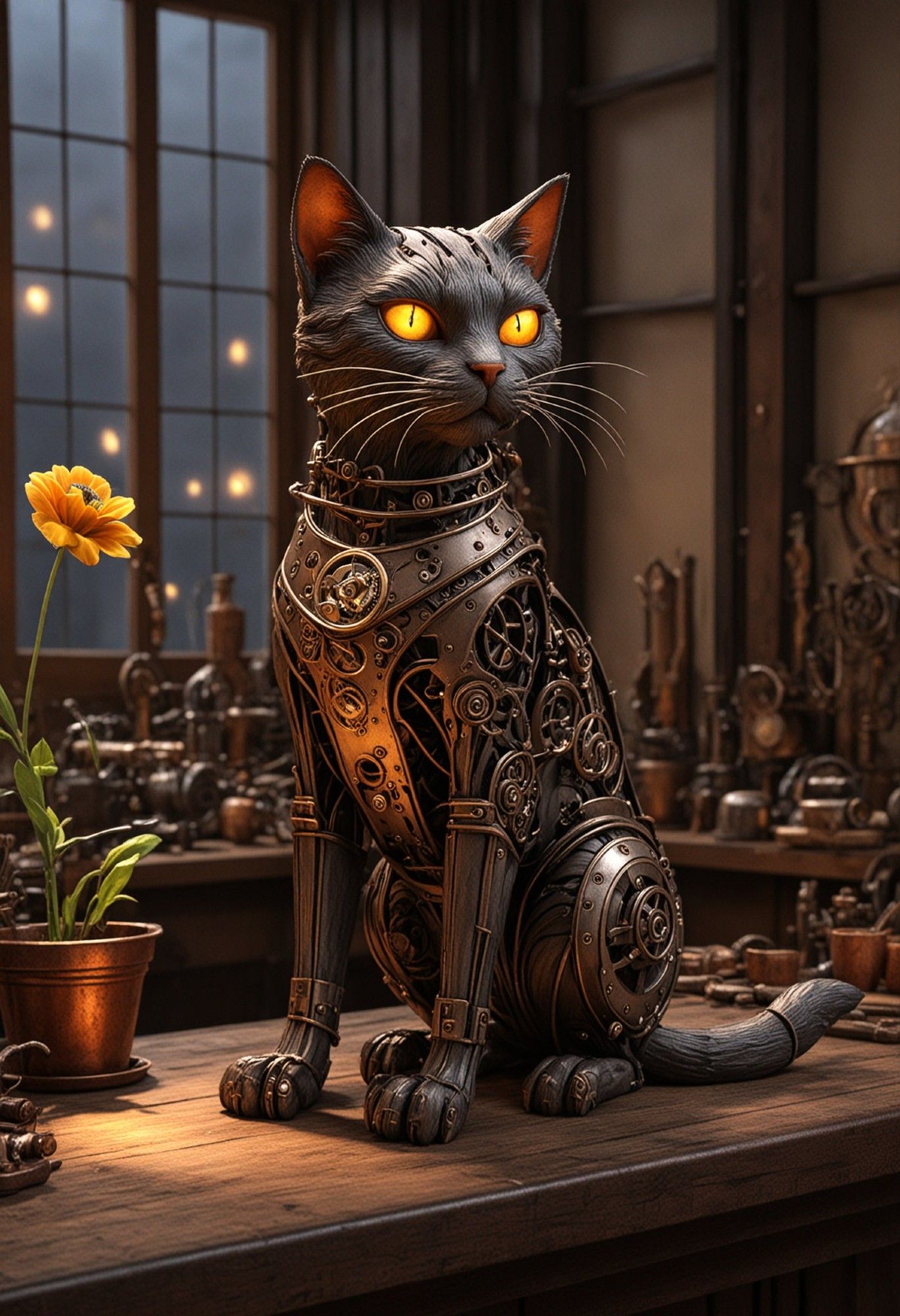 Steampunk clockwork cat sitting on a workbench.