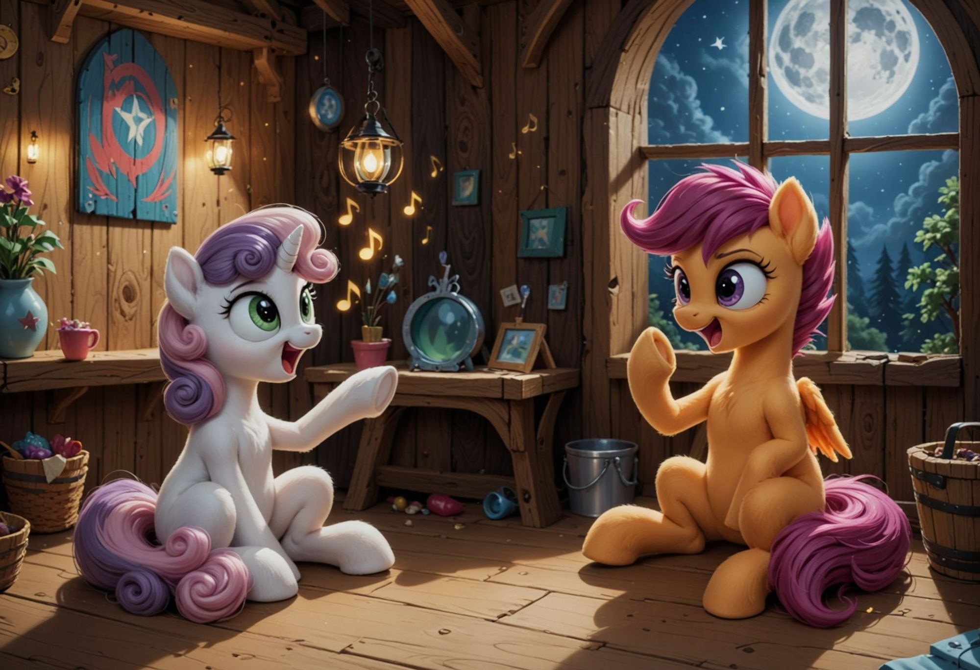 Sweetie Belle tries to teach Scootaloo how to sing better. At night in their treehouse.