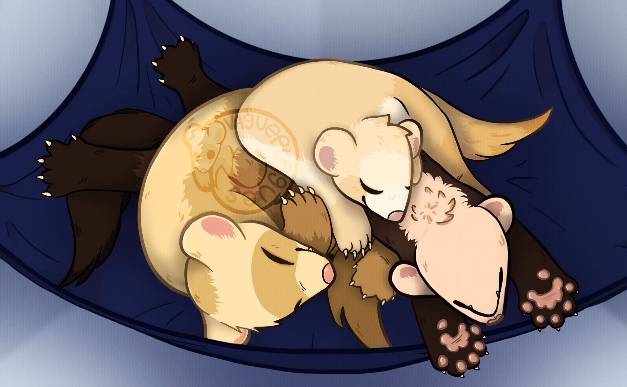 A drawing of three ferrets sleeping on a blue hammock.