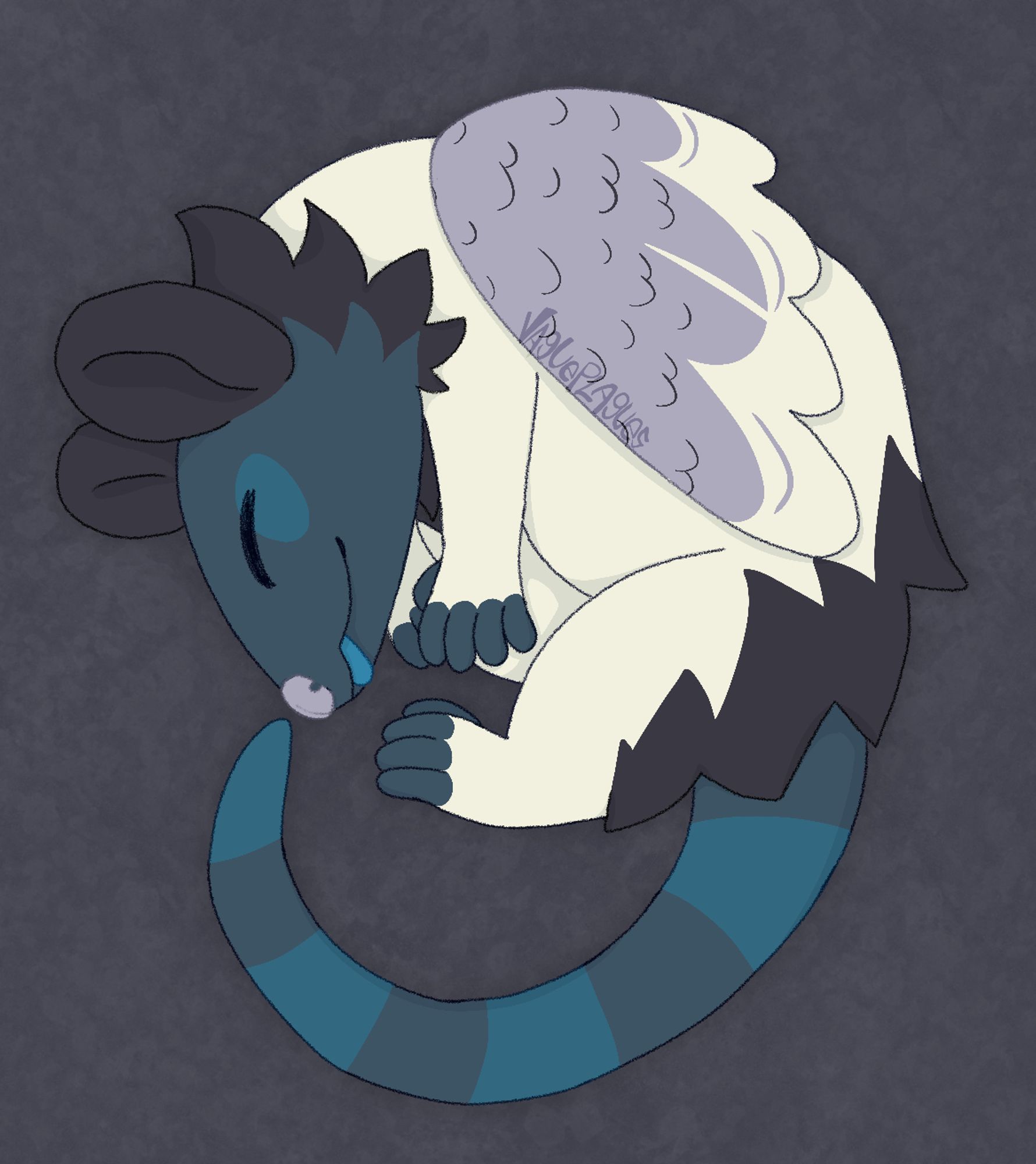 An opossum based off of a Lesser Scaup named Paperclip. He has a dark blue face with darker ears and an off white body and wings. He has dark blue toes and his tail is striped with two different shades of dark blue. He is curled up in a ball sleeping with his tongue out.