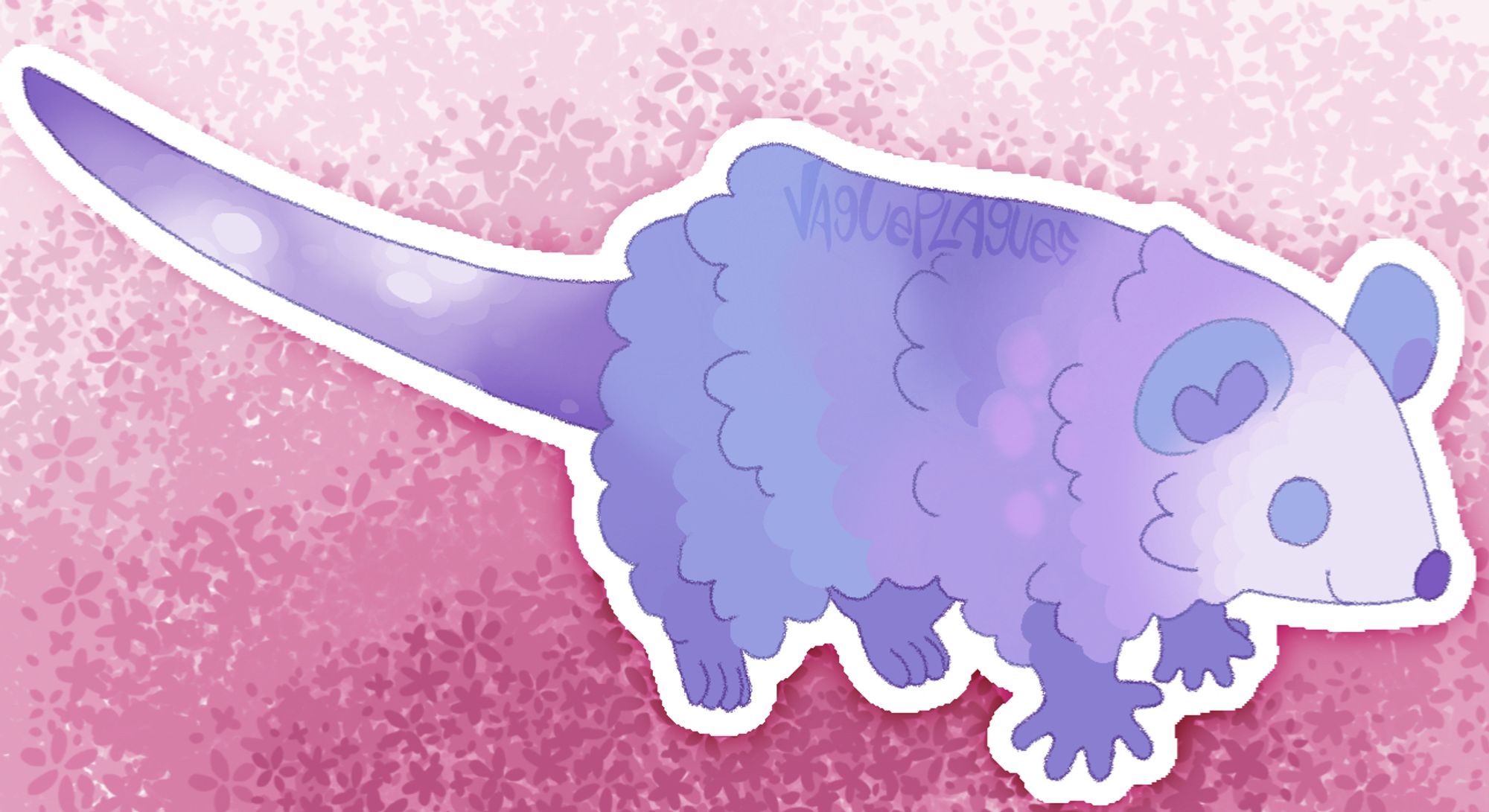 An opossum based on a purple hydrangea flower named Stellaluna. They are just standing there smiling.