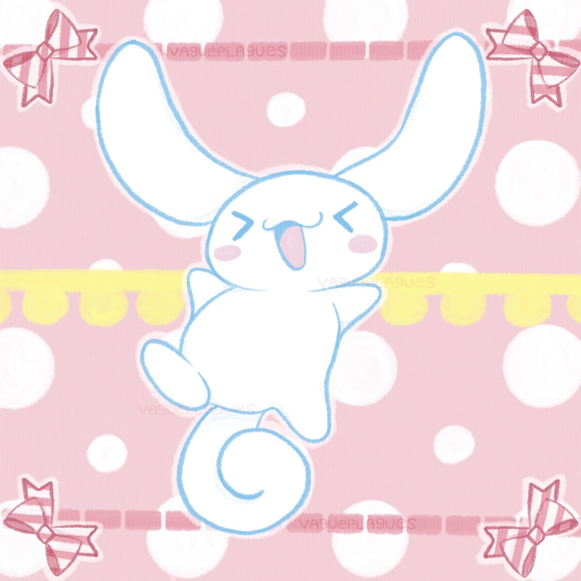 A fullbody drawing of the Sanrio character Cinnamoroll jumping for joy with his eyes closed and mouth open. The background is pink with white spots. There are pink and white striped bows in each corner. At the top and bottom of the drawing there are pink stitches in the background, and yellow frosting spiral in the middle.