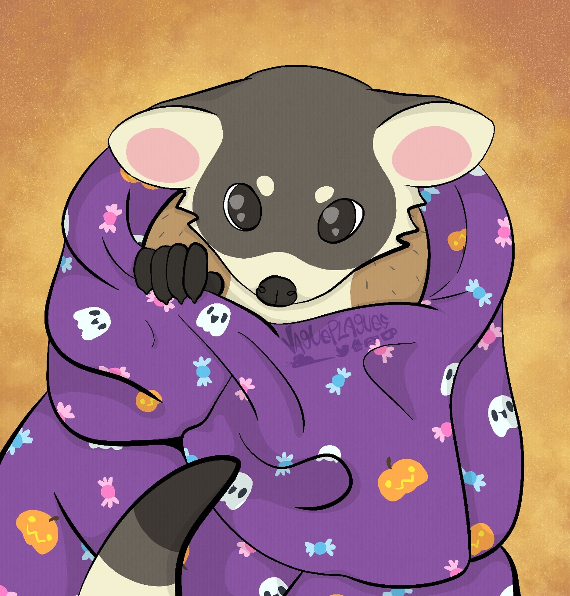 An opossum based on a Black Footed Ferret opossum named Slinkie. They are wrapped in a purple blanket that has a pattern on it with ghosts, jack-o-lanterns, and candies.