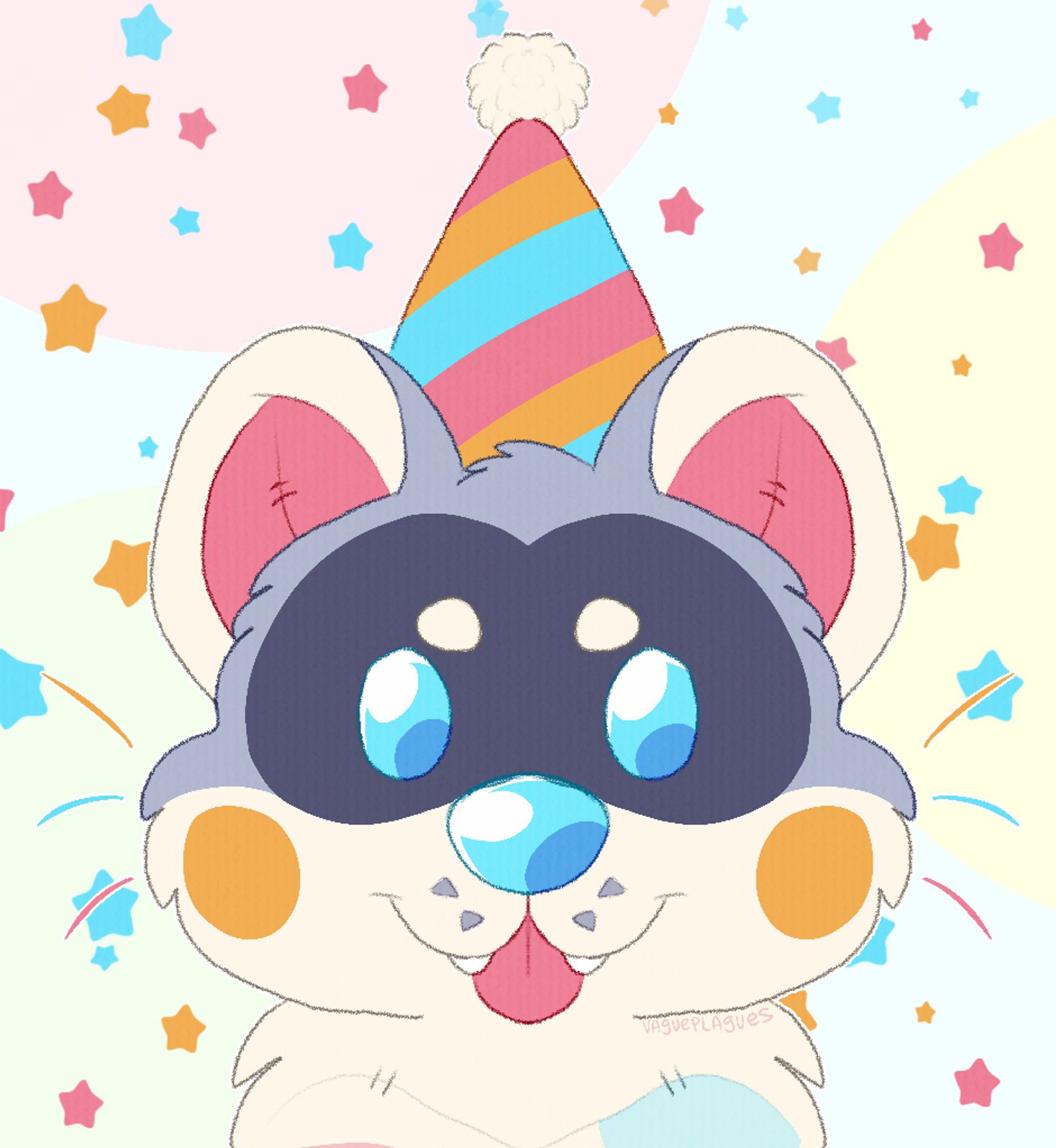 An icon of a plush ferret with blue eyes and nose, a greyish blue mask, pink inner ears, and orange spots on his cheeks. He is wearing a birthday hat with red orange and blue diagonal stripes and an off white pompom in top. His little fangs are showing and his tongue is sticking out. The background has similar colored stars sprinkled around.