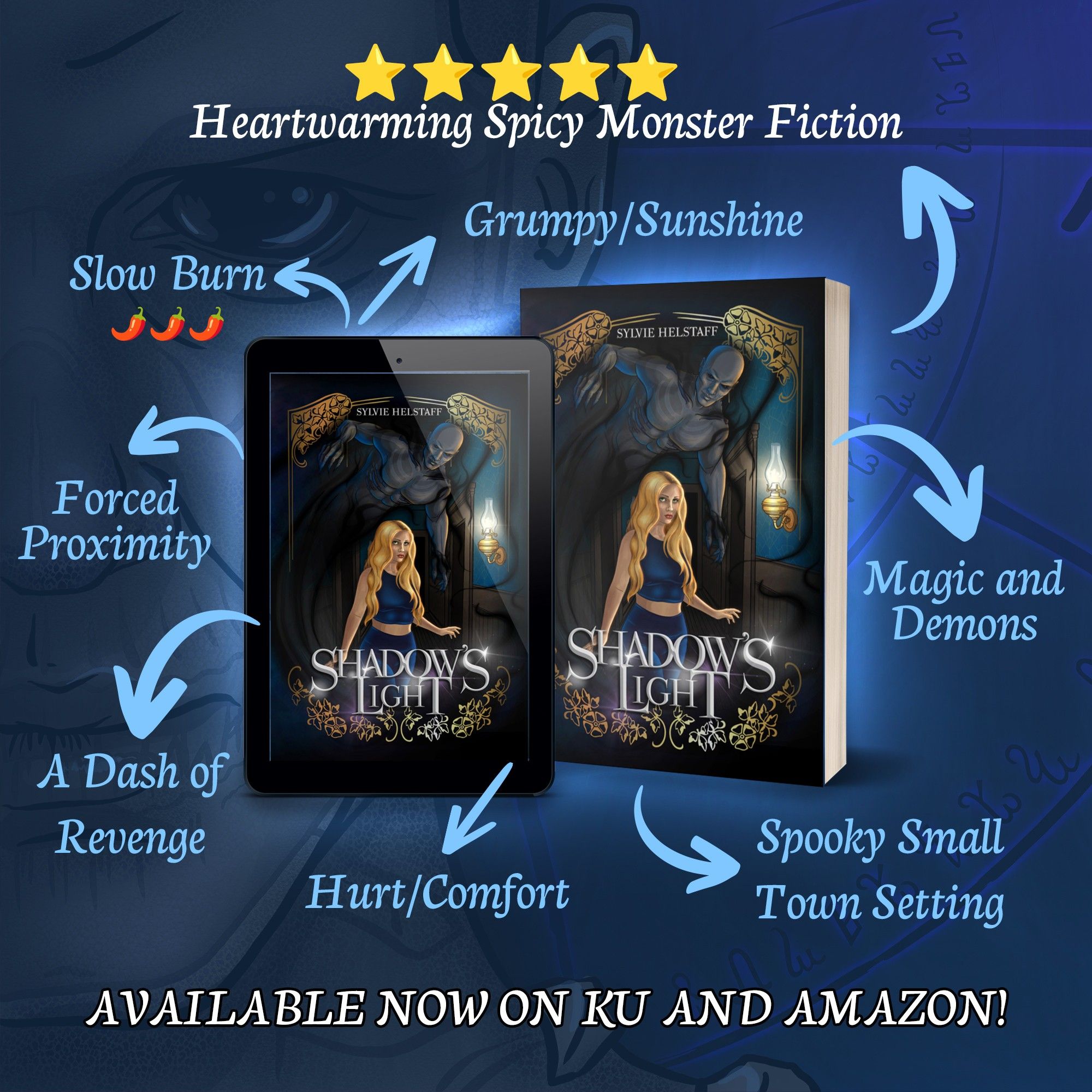 ebook and Paperback Shadow's Light by Sylvie Helstaff surrounded by quotes: "Five star Heartwarming Spicy Monster Fiction", Slow Burn, Grumpy/Sunshine, Forced Proximity, A Dash of Revenge, Magic and Demons, Hurt/Comfort, Spooky Small Town Setting