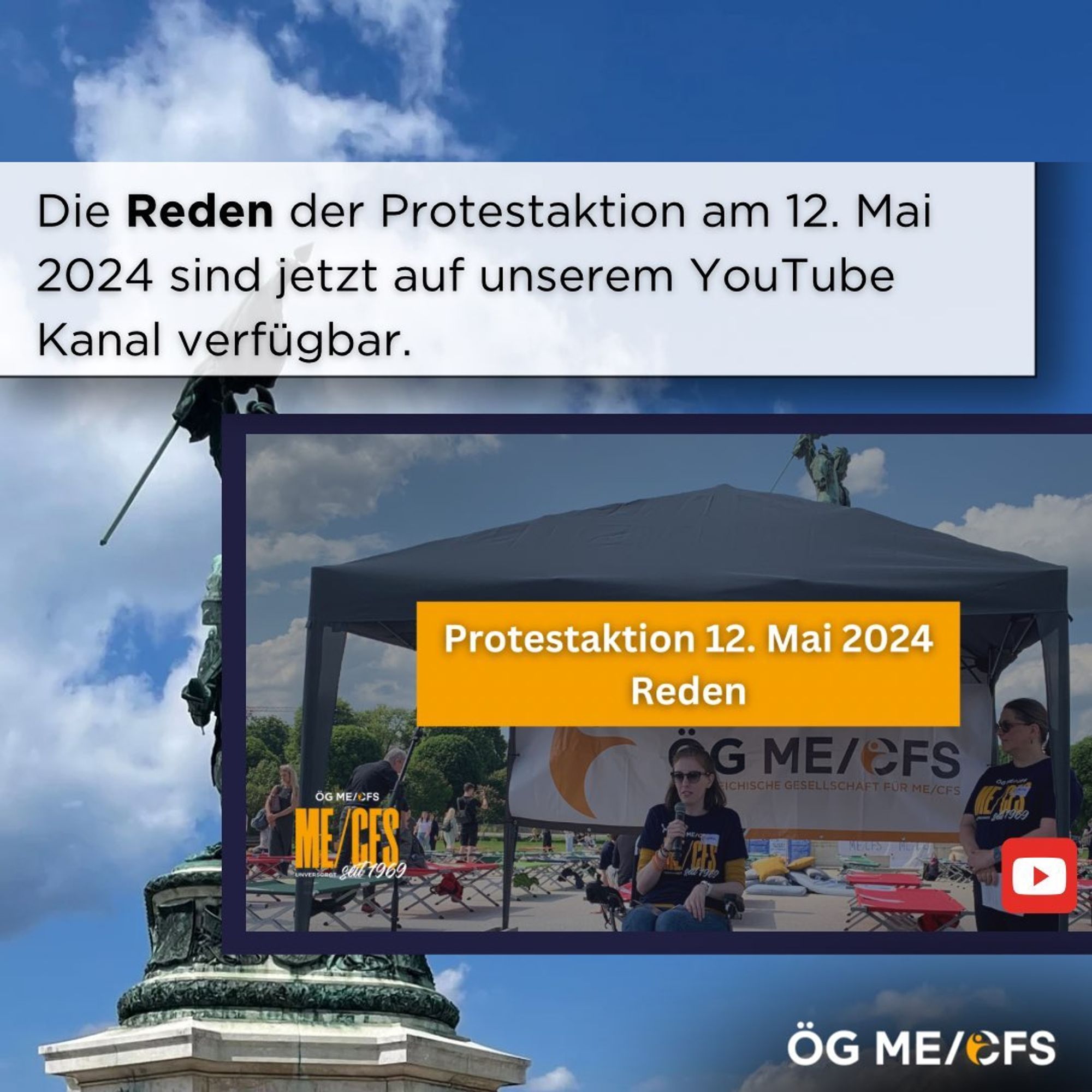 Im Vordergrund sieht man den Thumbnail des YouTube Videos mit dem Titel „Protestaktion 12. Mai 2024. Reden“ Auf dem Bild sieht man Sabine Hermisson und Astrid Hainzl bei ihrer Rede. 
Oben steht auf weißem Hintergrund: „Die Reden der Protestaktion am 12. Mai 2024 sind jetzt auf unserem YouTube Kanal verfügbar.“