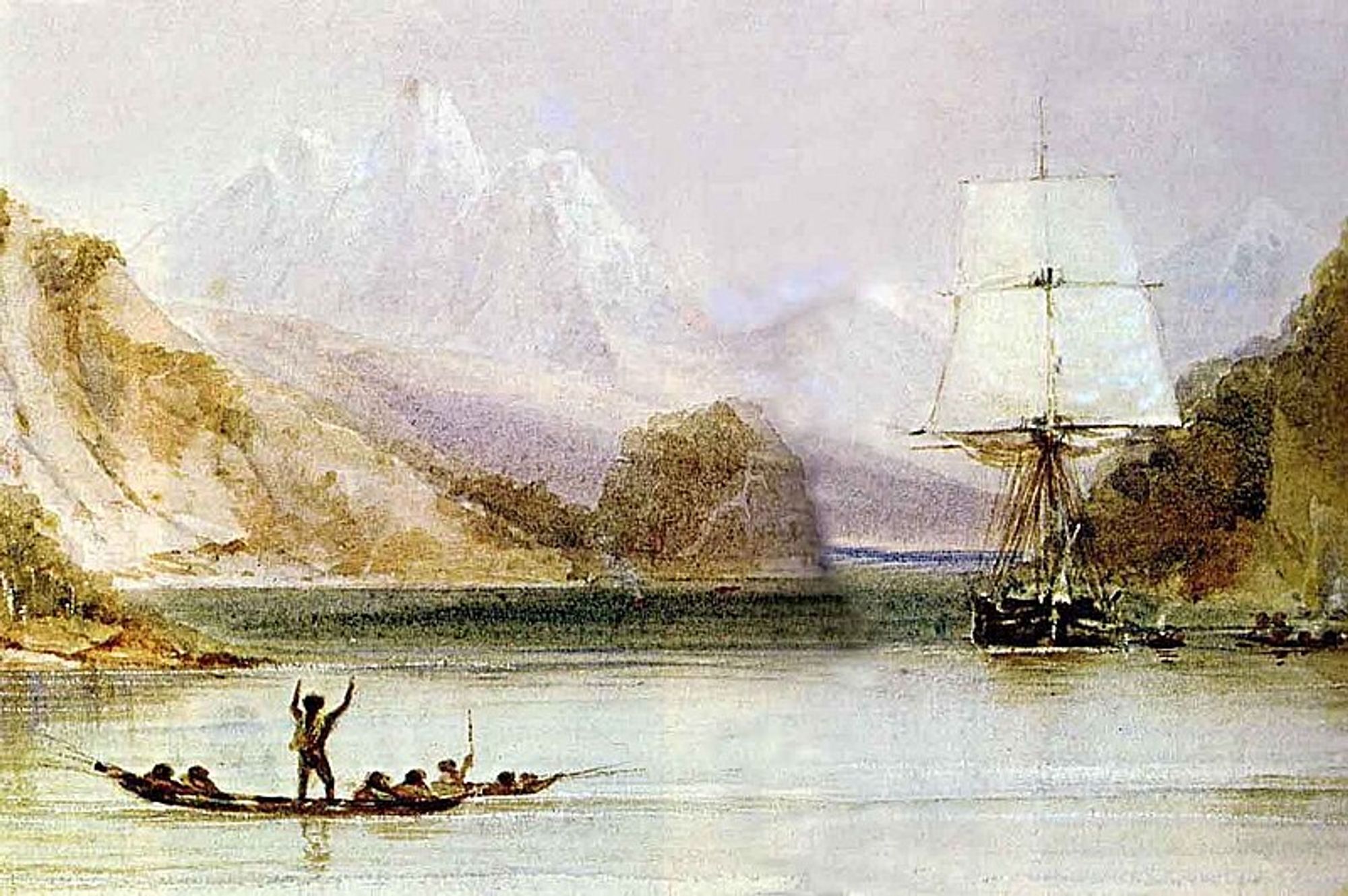 Le HMS Beagle salué par des Fuégiens durant le voyage en Terre de Feu, peinture de Conrad Martens.