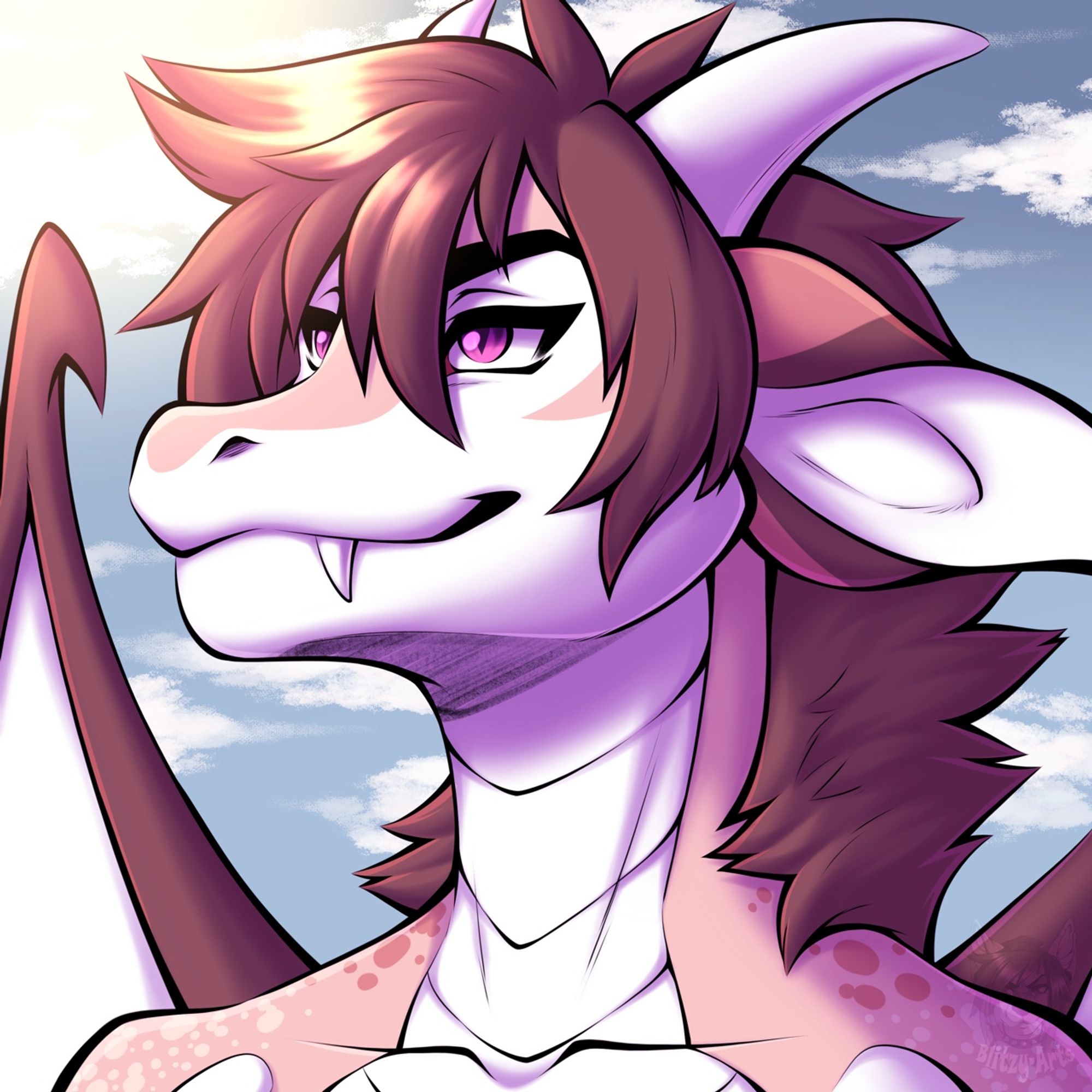 Anthropomorphic male dragon. He is tan, brown, and cream in color, with a thick, spiky brown mane of hair, purple eyes, and horns. There’s a blue sky with clouds behind him, and he is looking up into the sunlight beating down on him.