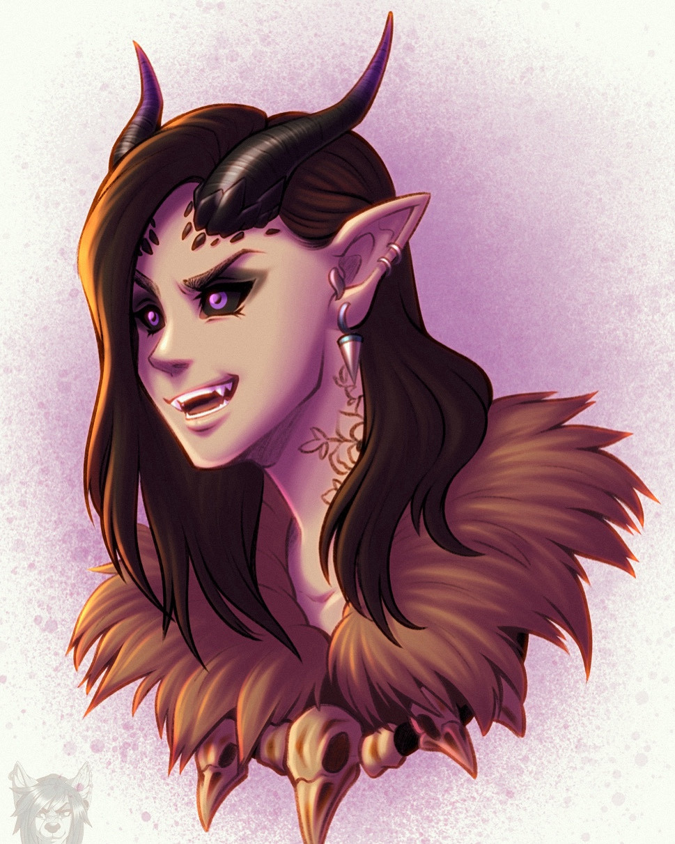 Bust digital drawing of a female tiefling (humanoid with black horns) from Baldurs Gate 3, with long brown hair, black and purple eyes, piercings, pointed teeth. Wearing armor with fluff around the neck, and bird skulls around it.