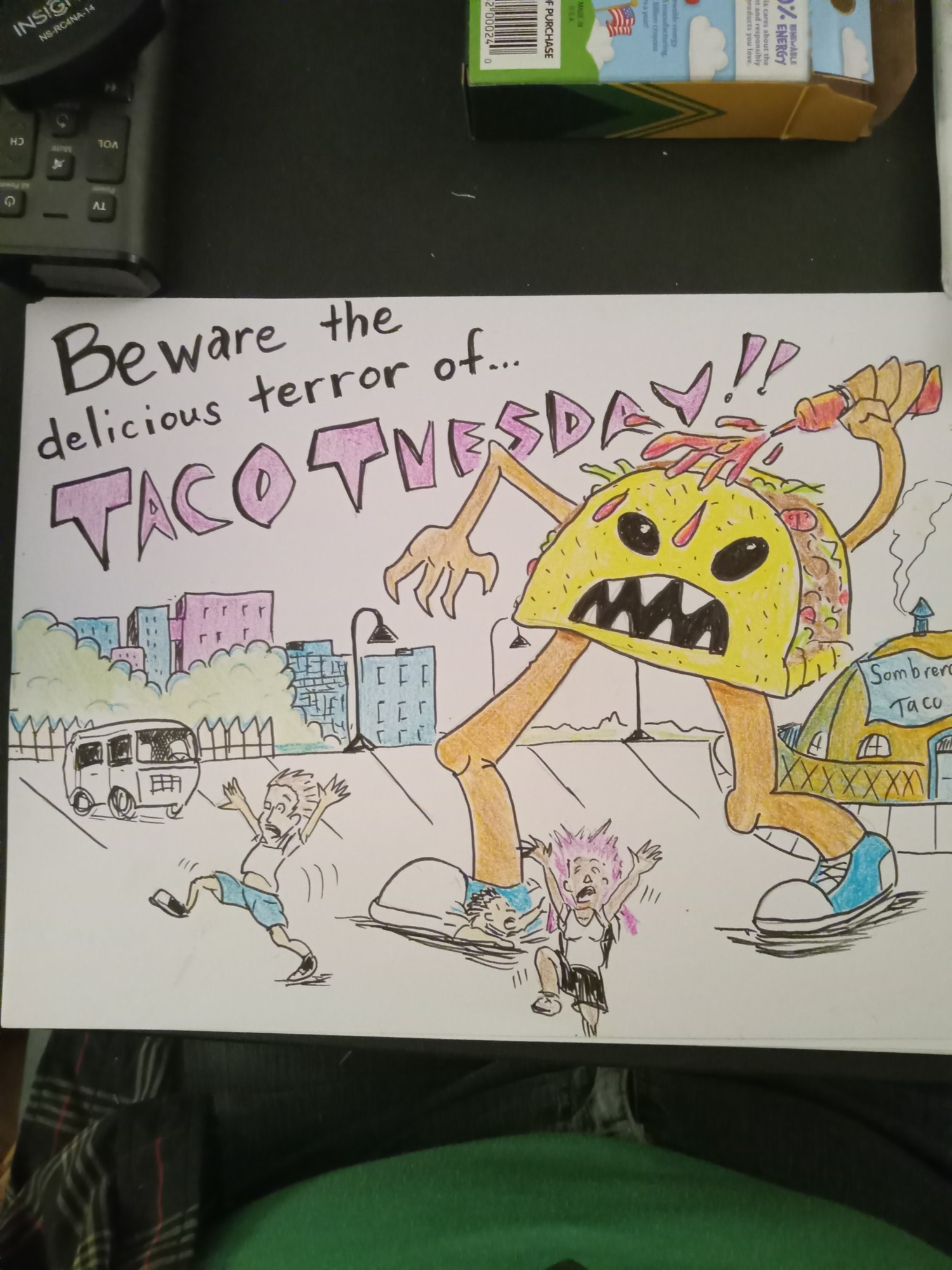 color crayon drawing of a taco monster chasing human victims, with a giant bottle of hot sauce raised over its head.