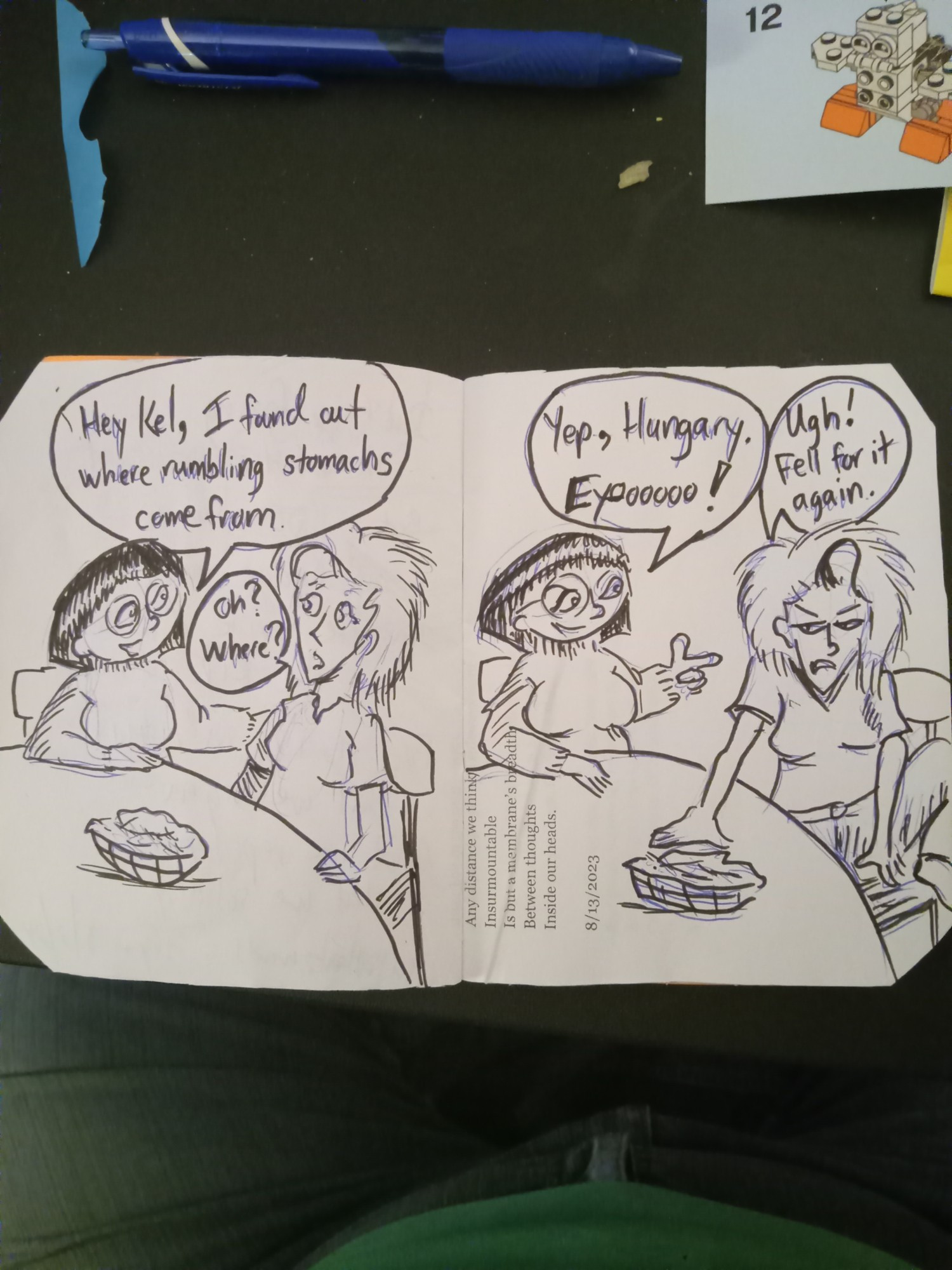 two panel comic strip gag. Black haired girl on left says: Hey Kel, I found out where rumbling stomachs come from. Blonde girl responds: Oh? Where? Black haired girl says: Hungary. Ay-ooooo. Blond girl responds: Ugh! I fell for it again.