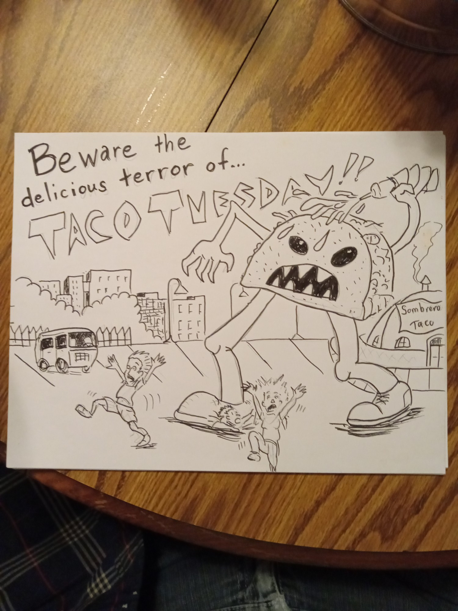 black and white drawing of a taco monster chasing human victims, with a giant bottle of hot sauce raised over its head.