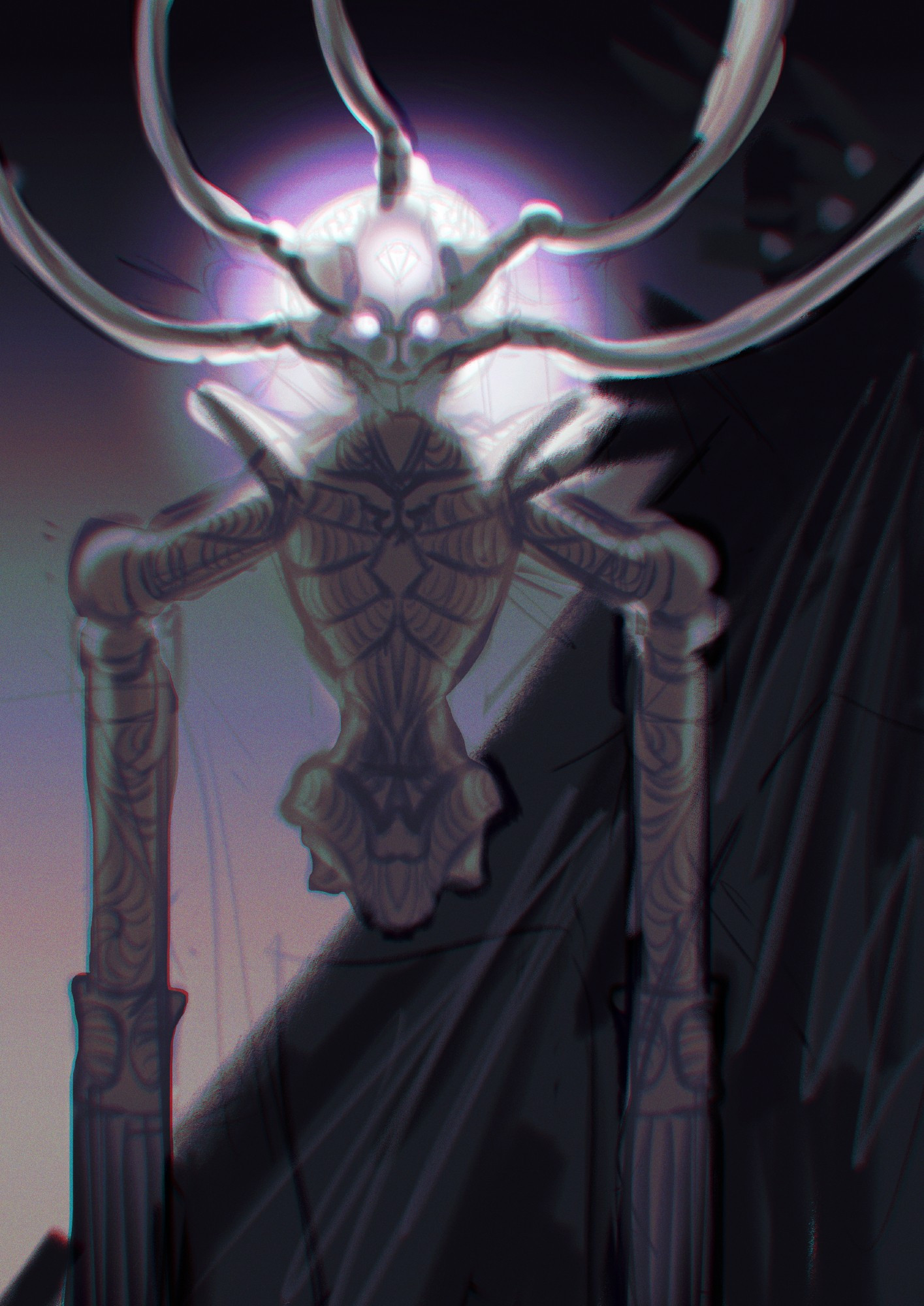 redesign of the character white diamond, her body is just the torso supported by her forearms on two pillars, cables connect from her head and a dark figure is behind her, biopunk, scary atmosphere