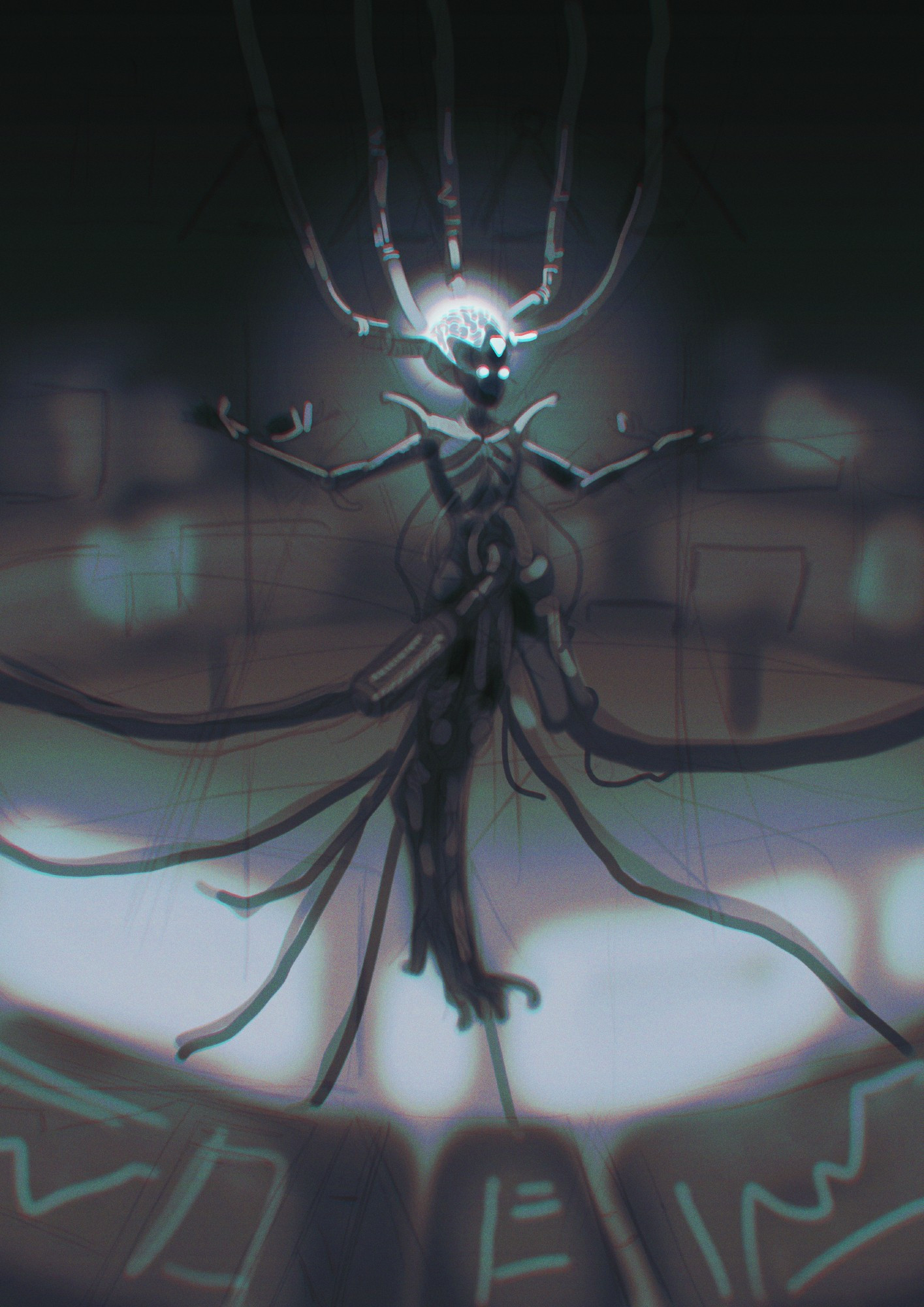 redesign of the character White Diamond, she appears floating in a chamber, several cables being connected to her body, her brain visible through a glass shines along with her forehead and eye jewel, biopunk, scary atmosphere