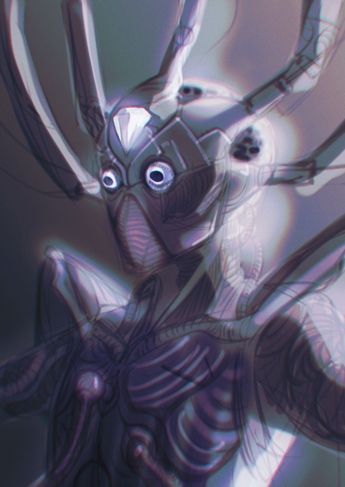 White Diamond character redesign, appears closer, her eyes look like a goat's, and her body is more obviously made of metal with tight connections and cables, biopunk and scary atmosphere