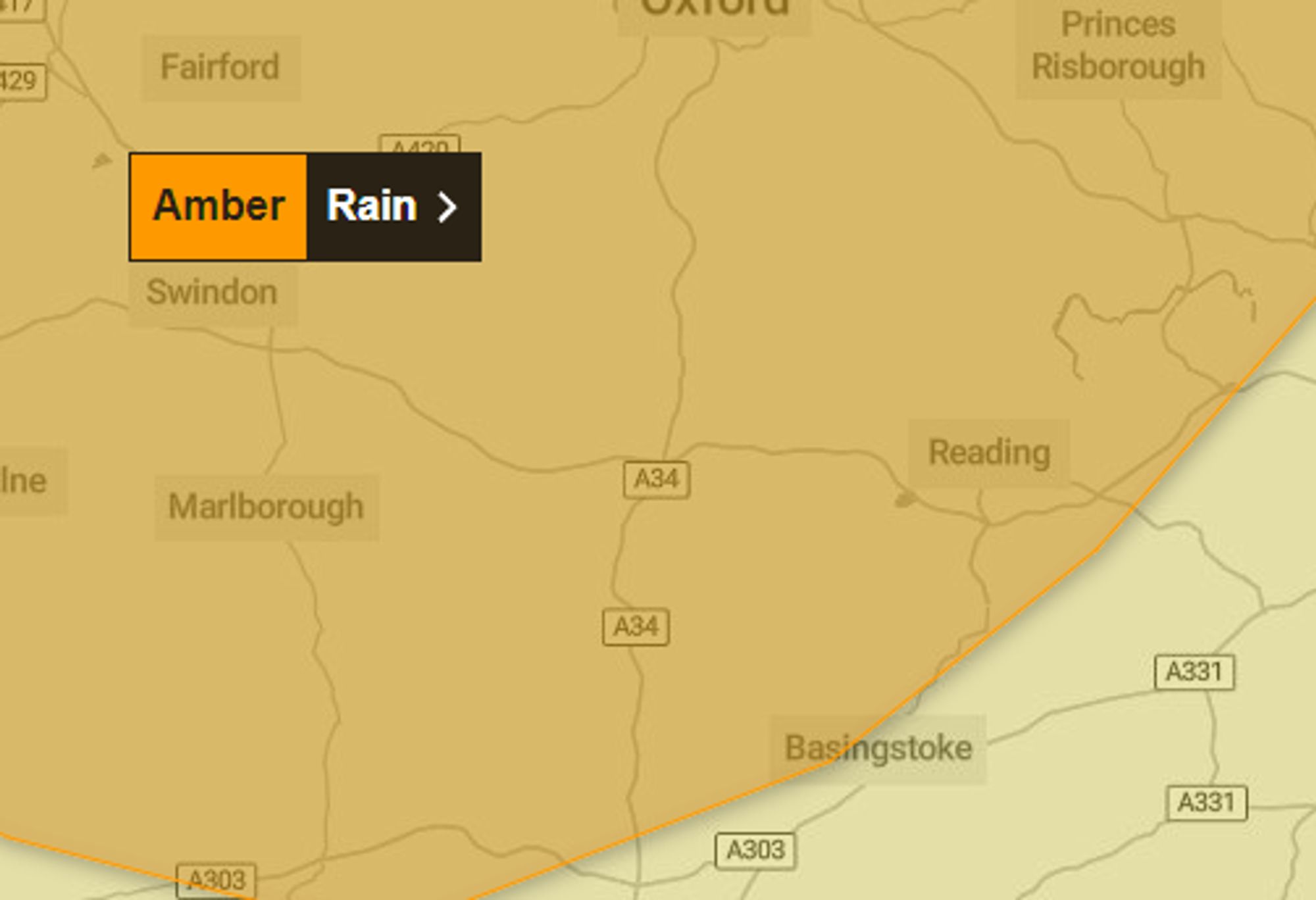 Met Office map showing an Amber Alert over parts of the country including Reading