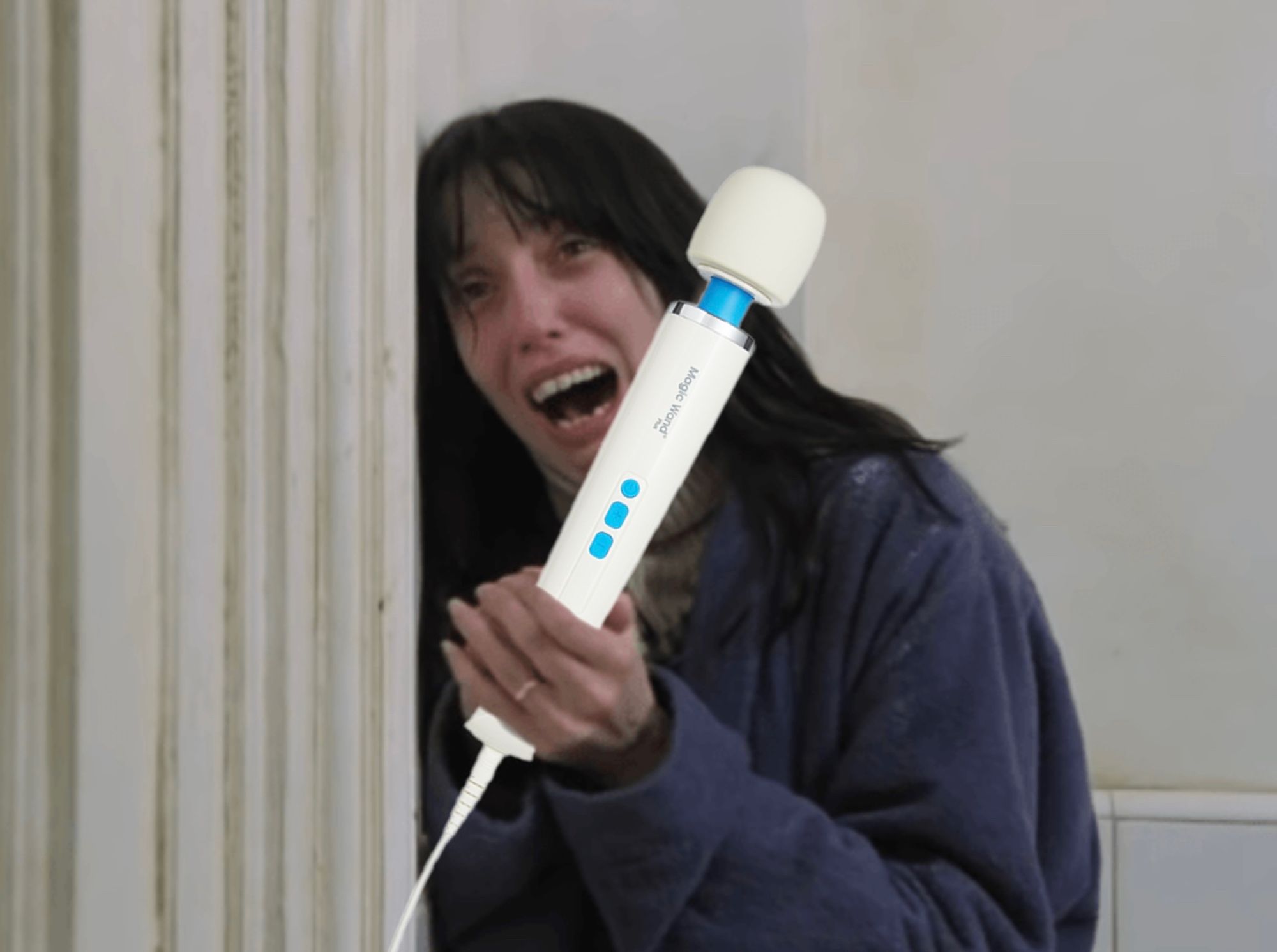 Shelley Duvall in The Shining bathroom scene. she is holding a hitachi magic wand instead of a knife.