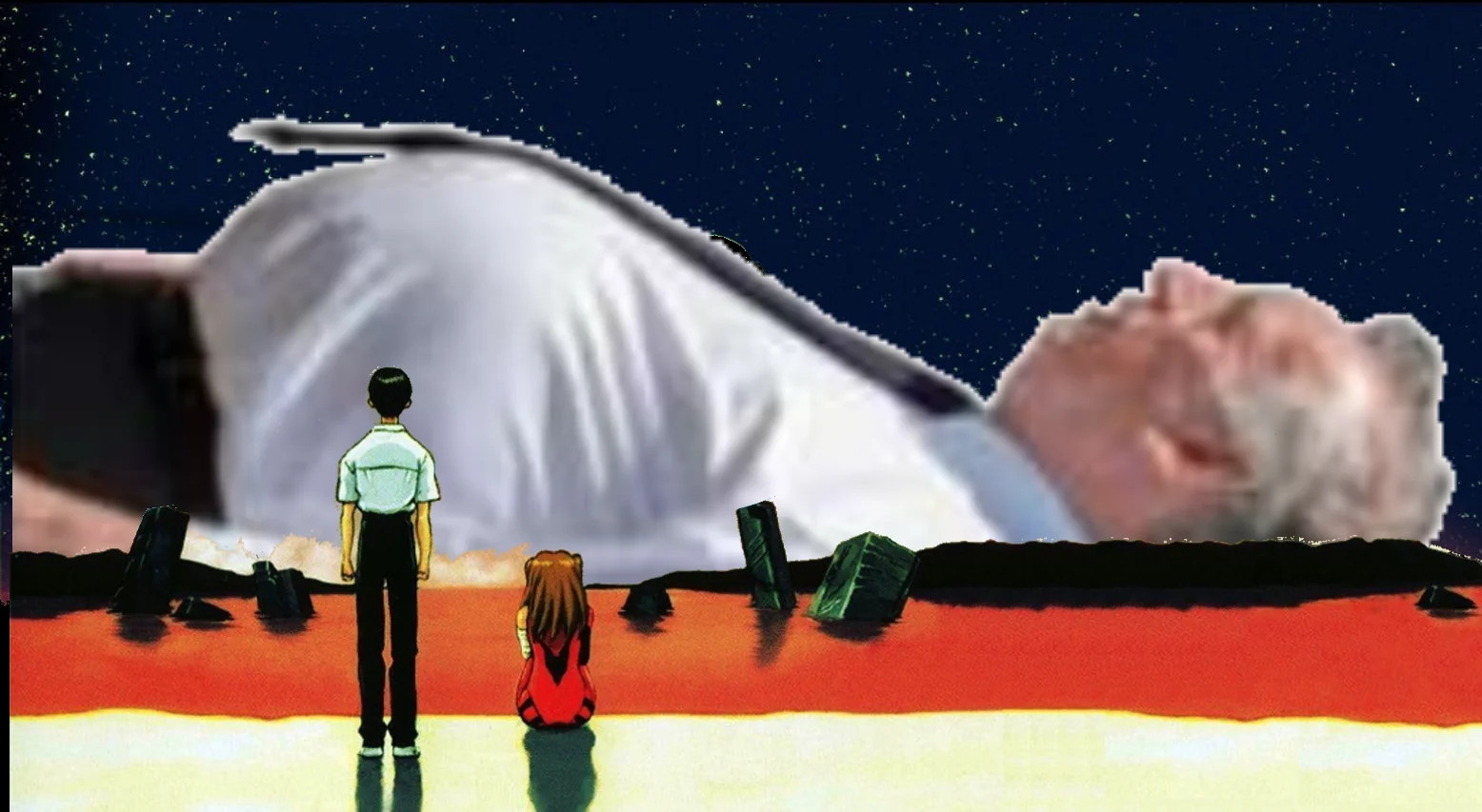 Image tirée de la fin d'Evangelion avec Shinji et Asuka qui contemple la mer orange où la conscience de l'humanité s'est rassemblé (en gros résumé hein) 
Sauf qu'à la place de Lilith dans le fond c'est François Bayrou allongé sur le dos 