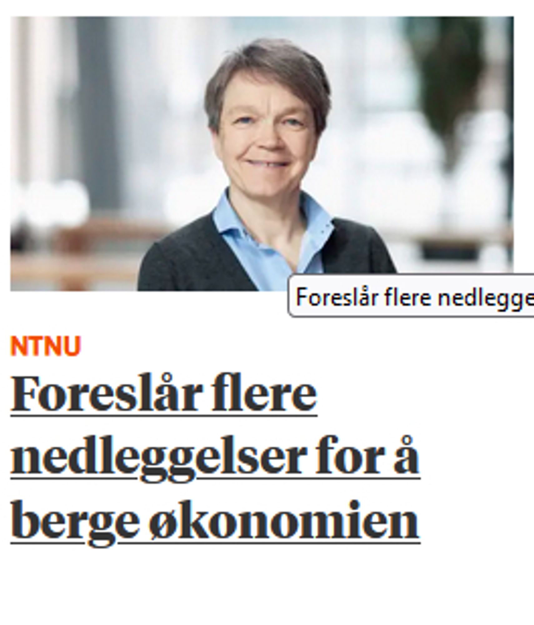 Skjermdump frå Khrono: NTNU: Foreslår flere nedleggelser for å berge økonomien