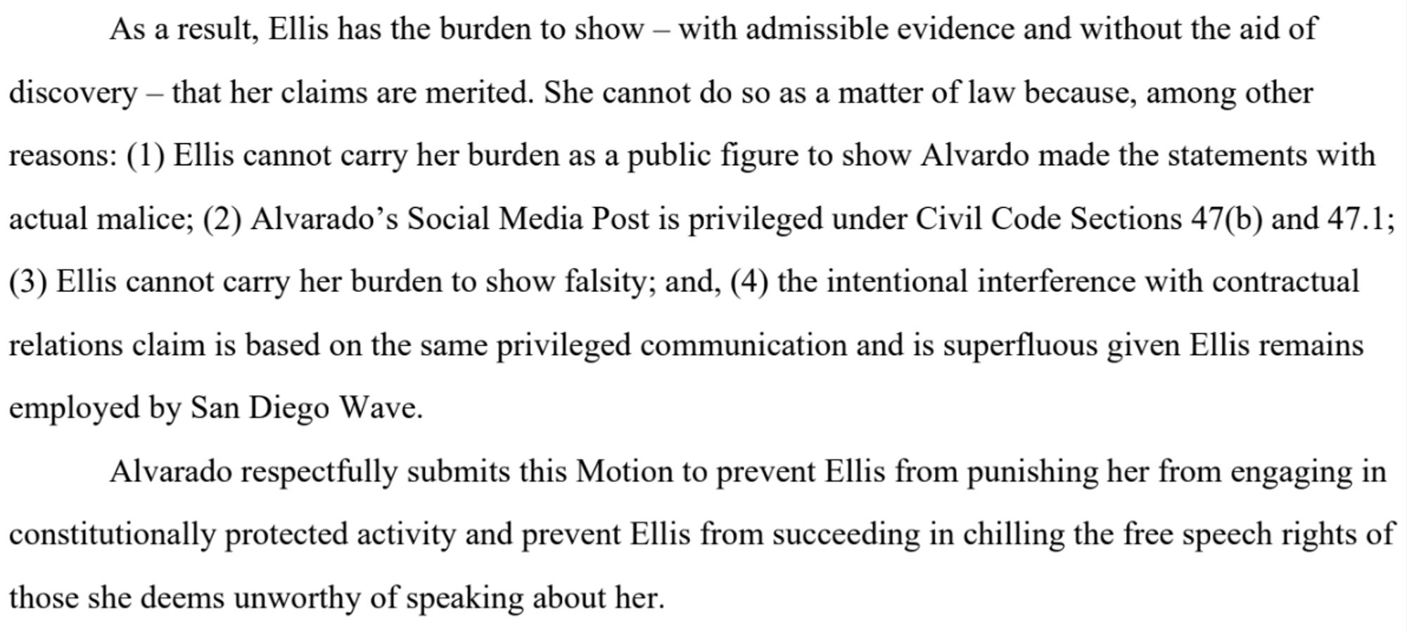 A screenshot from the filing. It said: "As a result, Ellis has the burden to show – with admissible evidence and without the aid of discovery – that her claims are merited. She cannot do so as a matter of law because, among other reasons: (1) Ellis cannot carry her burden as a public figure to show Alvarado made the statements with actual malice; (2) Alvarado’s Social Media Post is privileged under Civil Code Sections 47(b) and 47.1; (3) Ellis cannot carry her burden to show falsity; and, (4) the intentional interference with contractual relations claim is based on the same privileged communication and is superfluous given Ellis
remains employed by San Diego Wave.

"Alvarado respectfully submits this Motion to prevent Ellis from punishing her from engaging in constitutionally protected activity and prevent Ellis from succeedings in chilling the free speech rights of those she deems unworthy of speaking about her."