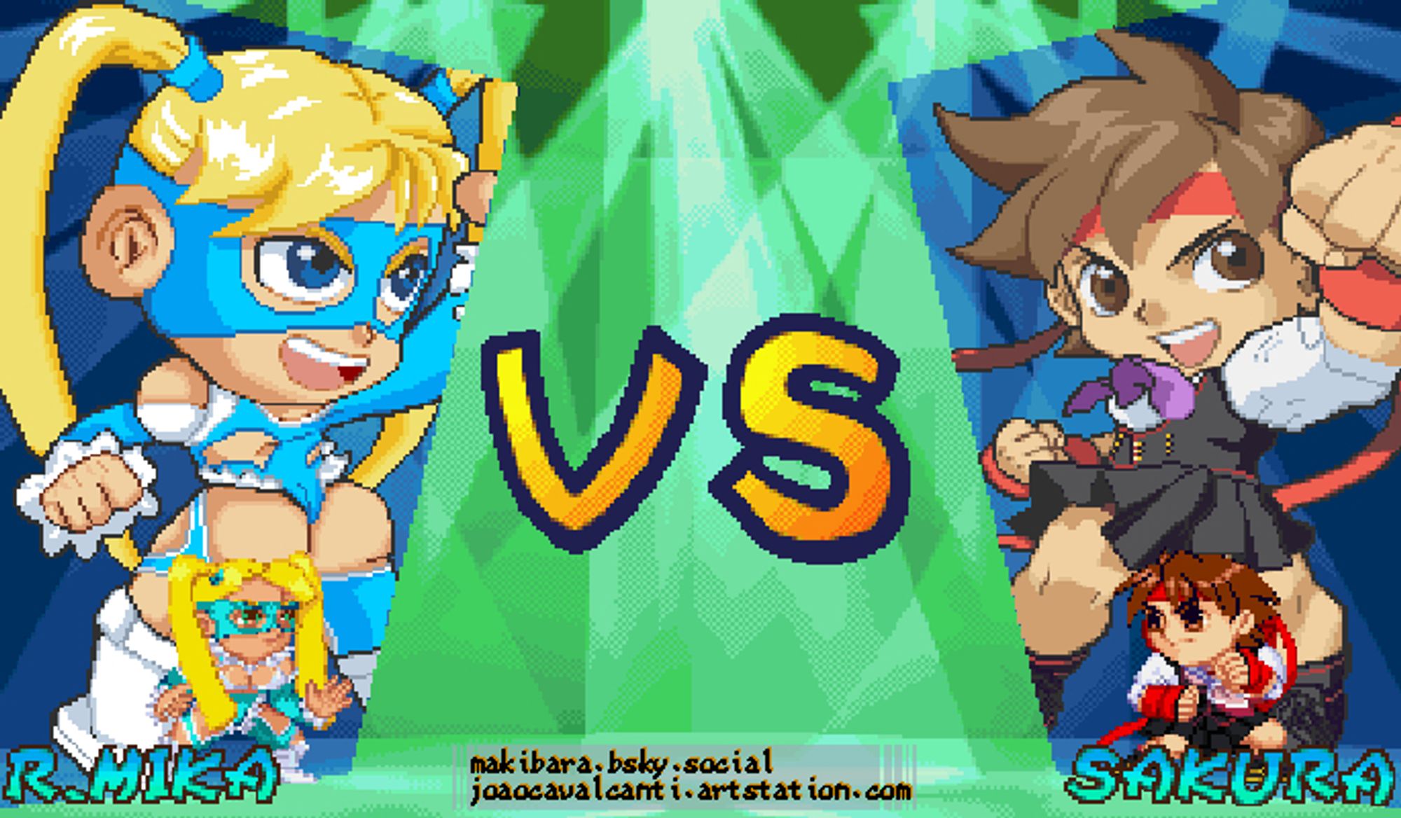 super gem fighter mini mix versus screen with r.mika and sakura with their street fighter V designs.
with r. mika on the left and sakura on the right and a big VS in the middle. Each character has a portrait, his in game look and theirs names.
