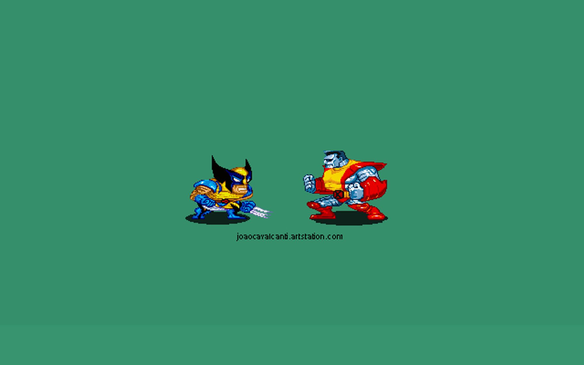 Wolverine and colossus in the cps-2 gem fighters mini mix in an navy blue screen