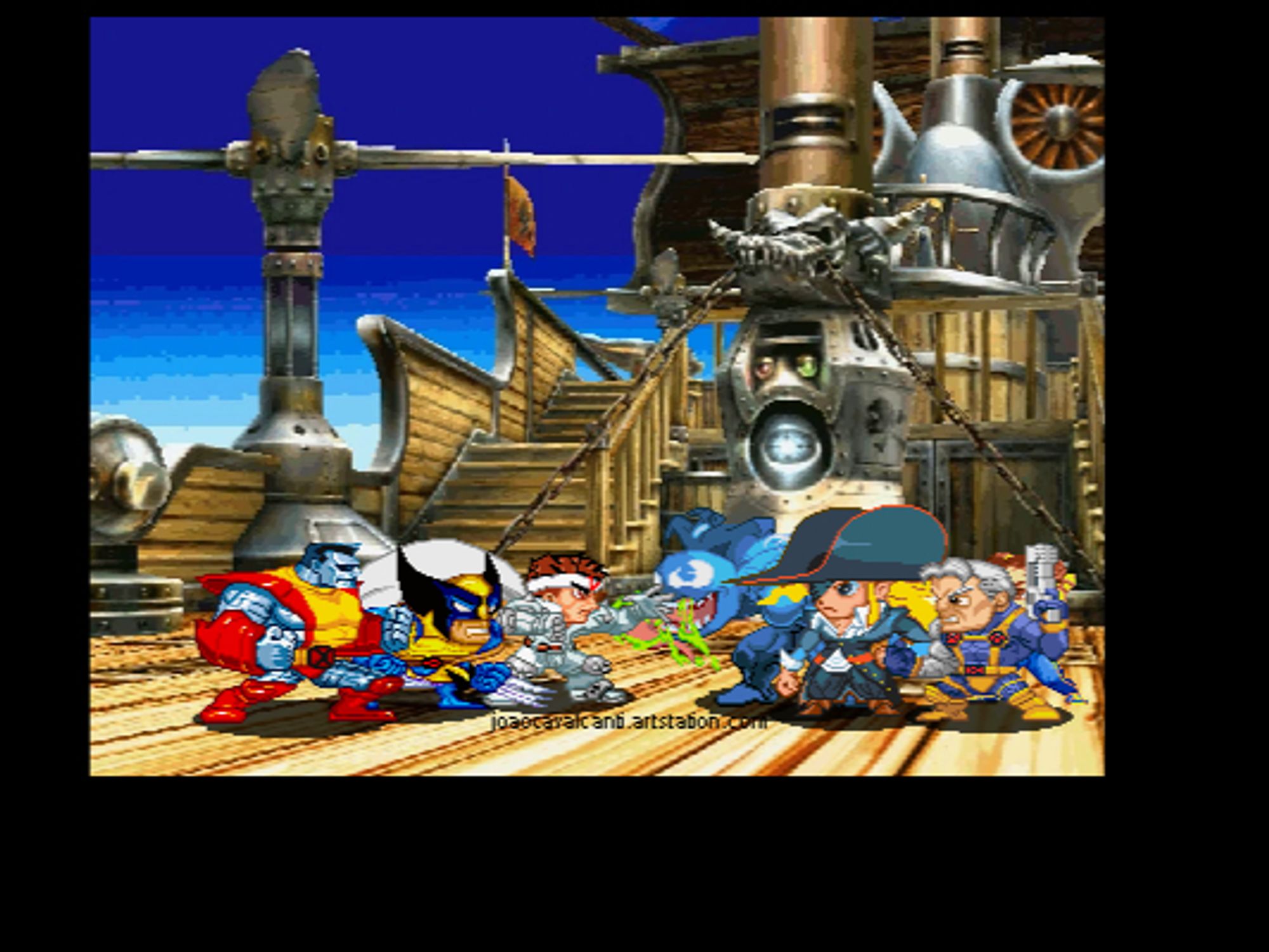 characters from marvel vs capcom 2 in a cps-2 pocket fighters style in the ruby heart ship stage. The charcaters are: Colossus, Wolverine, Jin Saotome, Venom, Ruby Heart and Cable.
This art was made to celebrate the release of capcom's marvel vs capcom fighting collection