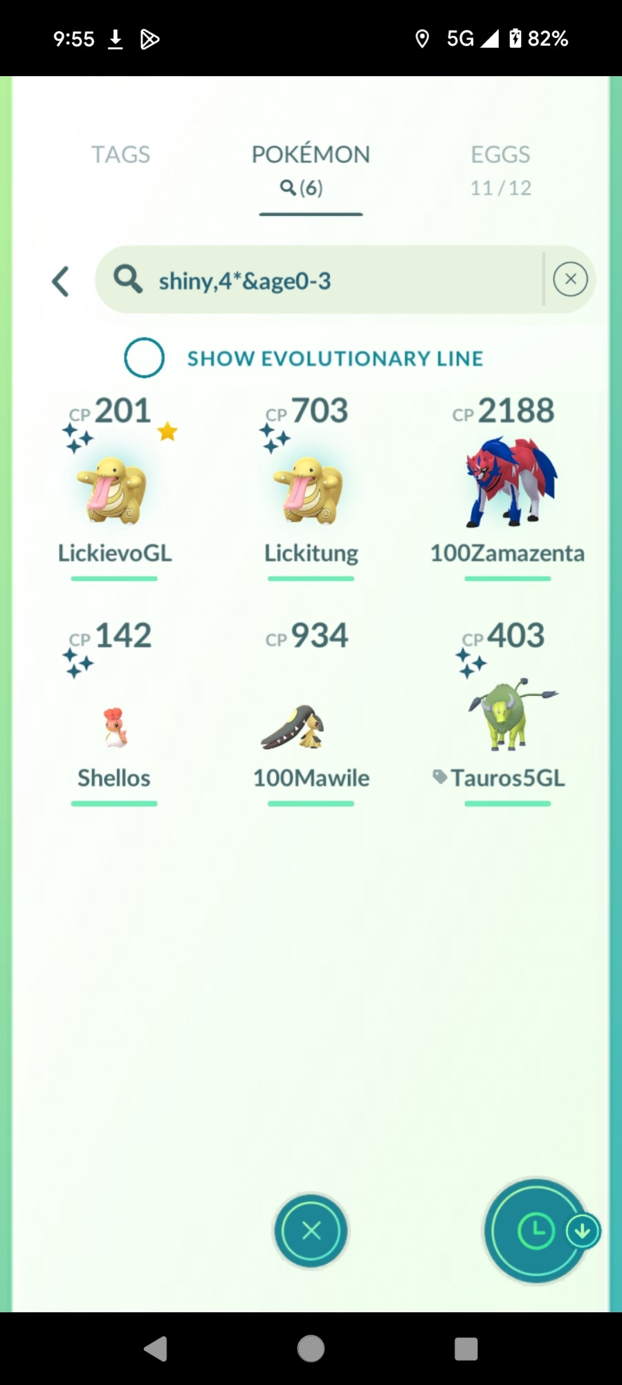 A search showing shiny and perfect Pokemon over the past three days. Two shiny Lickitung, shiny pink Shellos, shiny Tauros, and perfect Zamazenta and Mawile