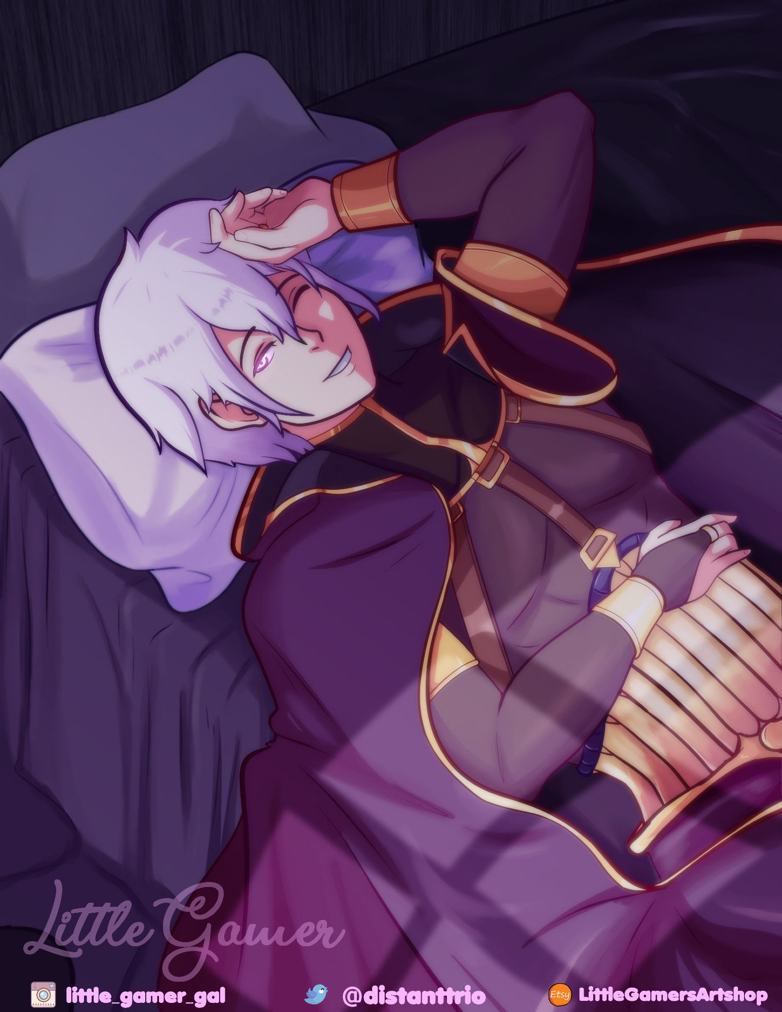 Art featuring Henry from Fire Emblem Awakening in his promoted class outfit, laying on a bed. His right eye is open and looking at the viewer