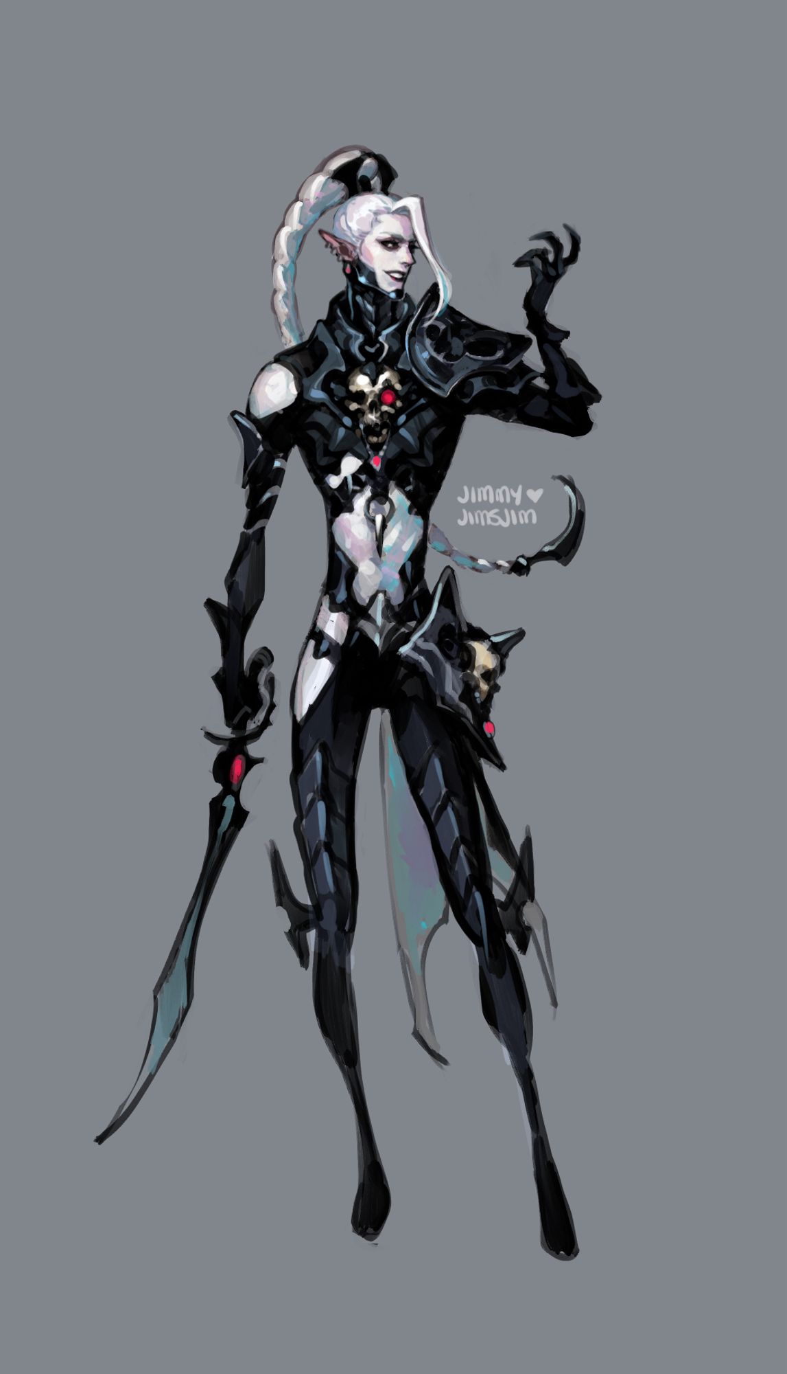 drawing of a super tall white-haired drukhari/ynnari man. he is my oc and i love him. he's wearing black drukhari armor that covers 70% of his body, which makes it possibly the most conservative set of armor i've ever designed. half his ass is still out, though, so he's keeping it real. he has a space marine 'boyfriend' who does not like him at all