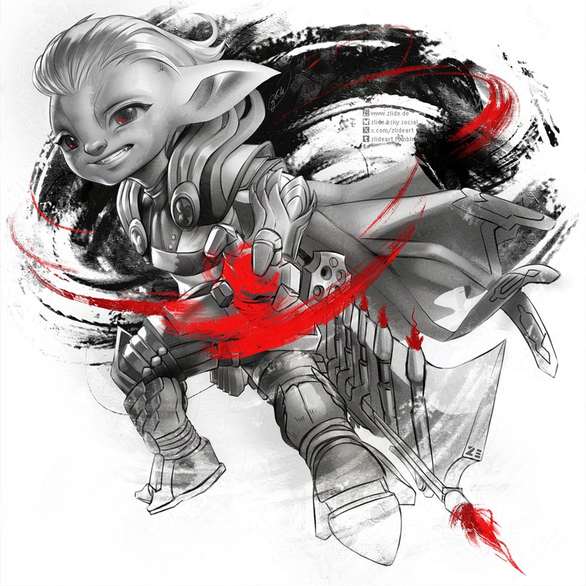 Grayscale Artwork of a female GW2 Asura with brushy red energy accents