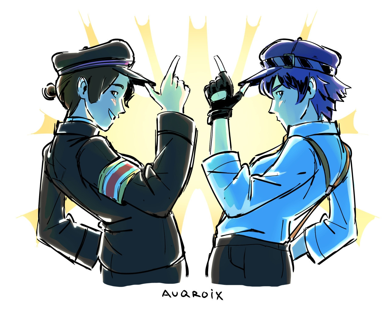 a colored sketch of ryutaro naruhodo from the great ace attorney and naoto shirogane from persona 4 flicking their caps upward in a cool manner, with ryutaro smiling towards the camera and naoto with a serious expression. they are shadowed in blue, and lit up with a yellow explosion of light in the background.