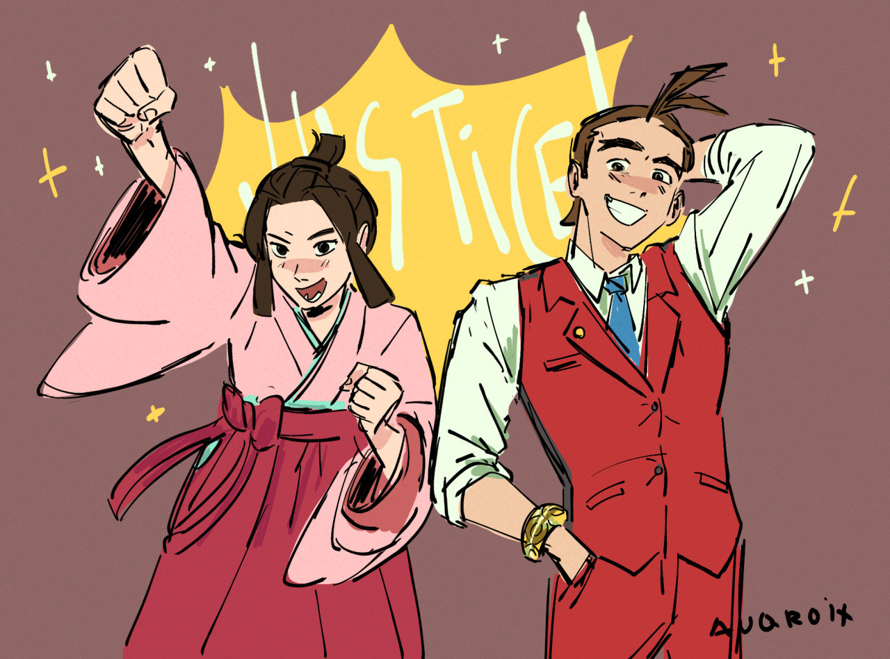 a flat colored sketch of susato mikotoba from the great ace attorney and apollo justice from ace attorney on a light red brown background. susato is putting up a fist in the air with an open smile, looking determined, while apollo justice is smiling with one arm behind his head and the other in his pockets. both are looking at the viewer. there is a yellow explosive speech bubble in the background with "Justice" overlaid in white.