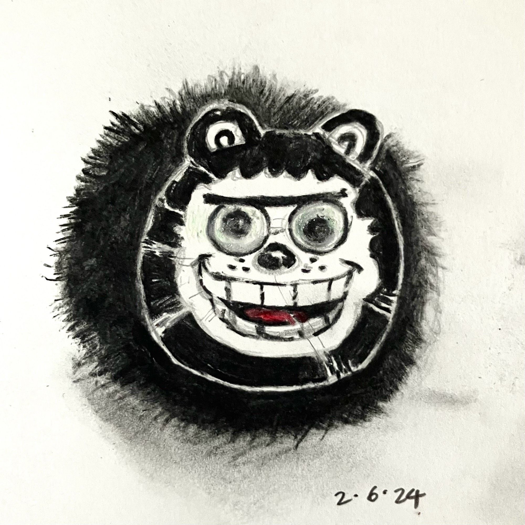 Charcoal and pencil sketch by me, of a Gnasher badge.