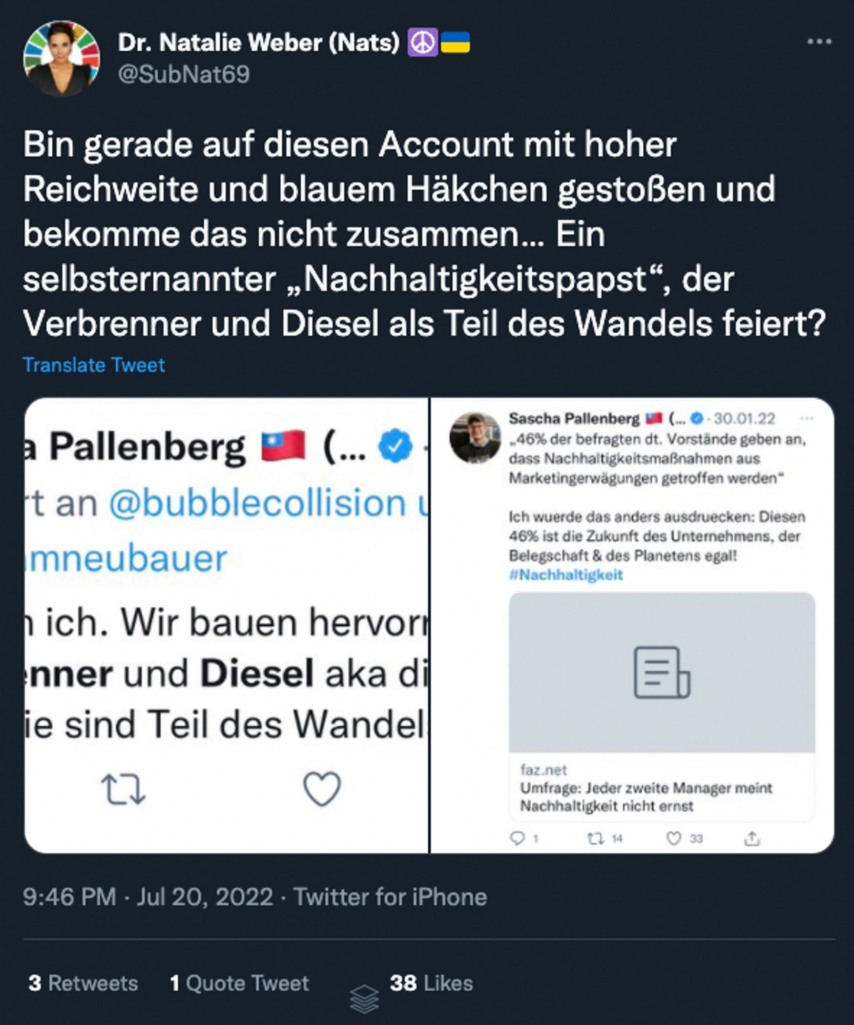 Bin gerade auf diesen Account mit hoher Reichweite und blauem Häkchen gestoßen und bekomme das nicht zusammen... Ein selbsternannter „Nachhaltigkeitspapst", der Verbrenner und Diesel als Teil des Wandels feiert?