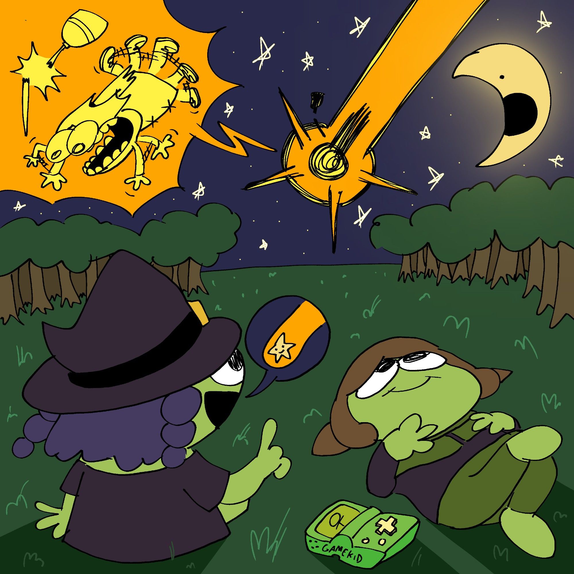 two witches lying on a grassy field, stargazing at night. one is lying down chilling and the other one is pointing upwards and saying "woah, a shooting star" 

in the sky, there's another witch, falling, on fire, after her broom broke. so, not a shooting star, whoops