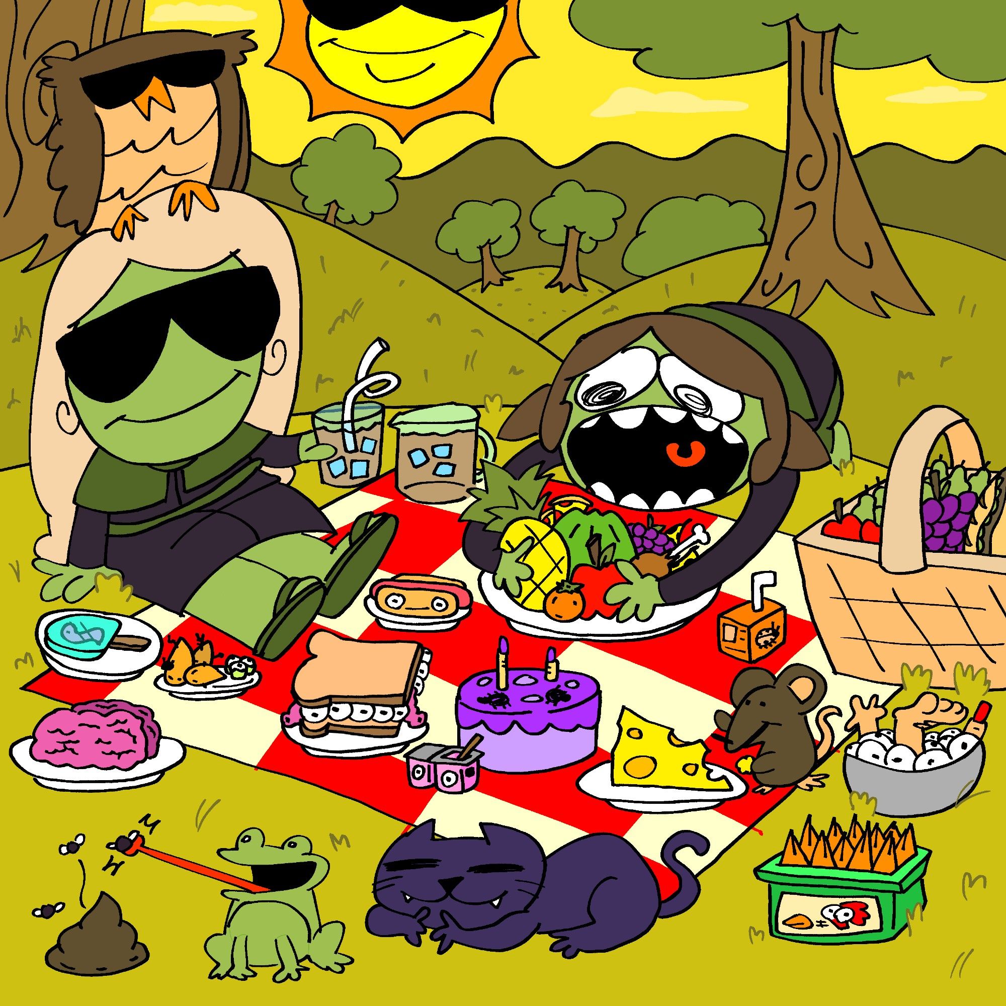 two witches, an owl, a frog, a rat and a black cat, sitting on a red and white checkered blanket having a picnic on a sunny day. one is calm, wearing sunglasses, drinking some OJ, the other is excitedly shoving tons of food in her mouth. there's a bunch of food made out of body parts around them.