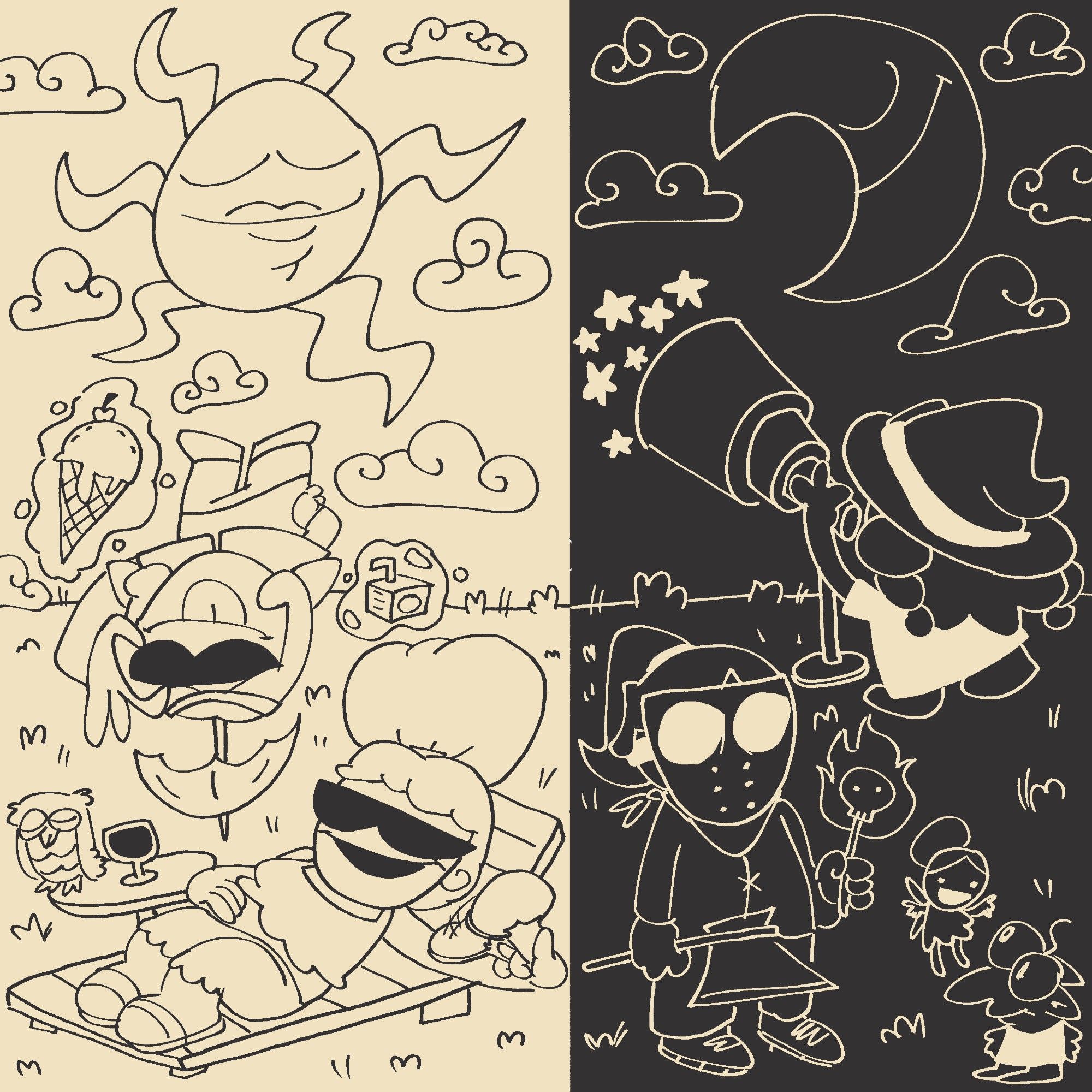 image divided into two halves, one light and one dark, each representing day and night

in the day part, one witch wearing sunglasses is floating in the sky while making a juice box and ice cream cone levitate. a second witch is on a sunbed, also wearing sunglasses and looking relaxed. 

in the night part, one witch is stargazing with a telescope. another witch is dressed as a slasher movie killer, ready to jumpscare a fairy and a goblin