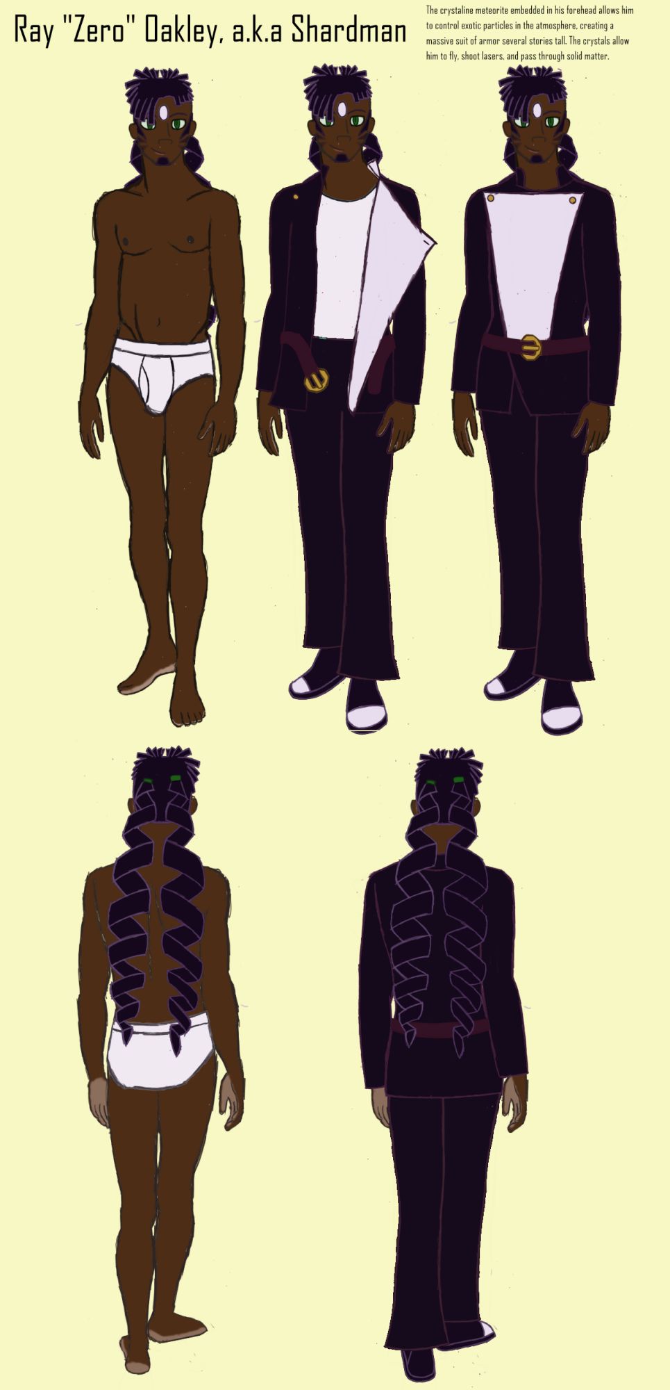 A reference sheet for a black human male character in a black, double-breasted jacket uniform.  He has green eyes, black hair in two waist-length curls down his back, a white gem in his forehead.