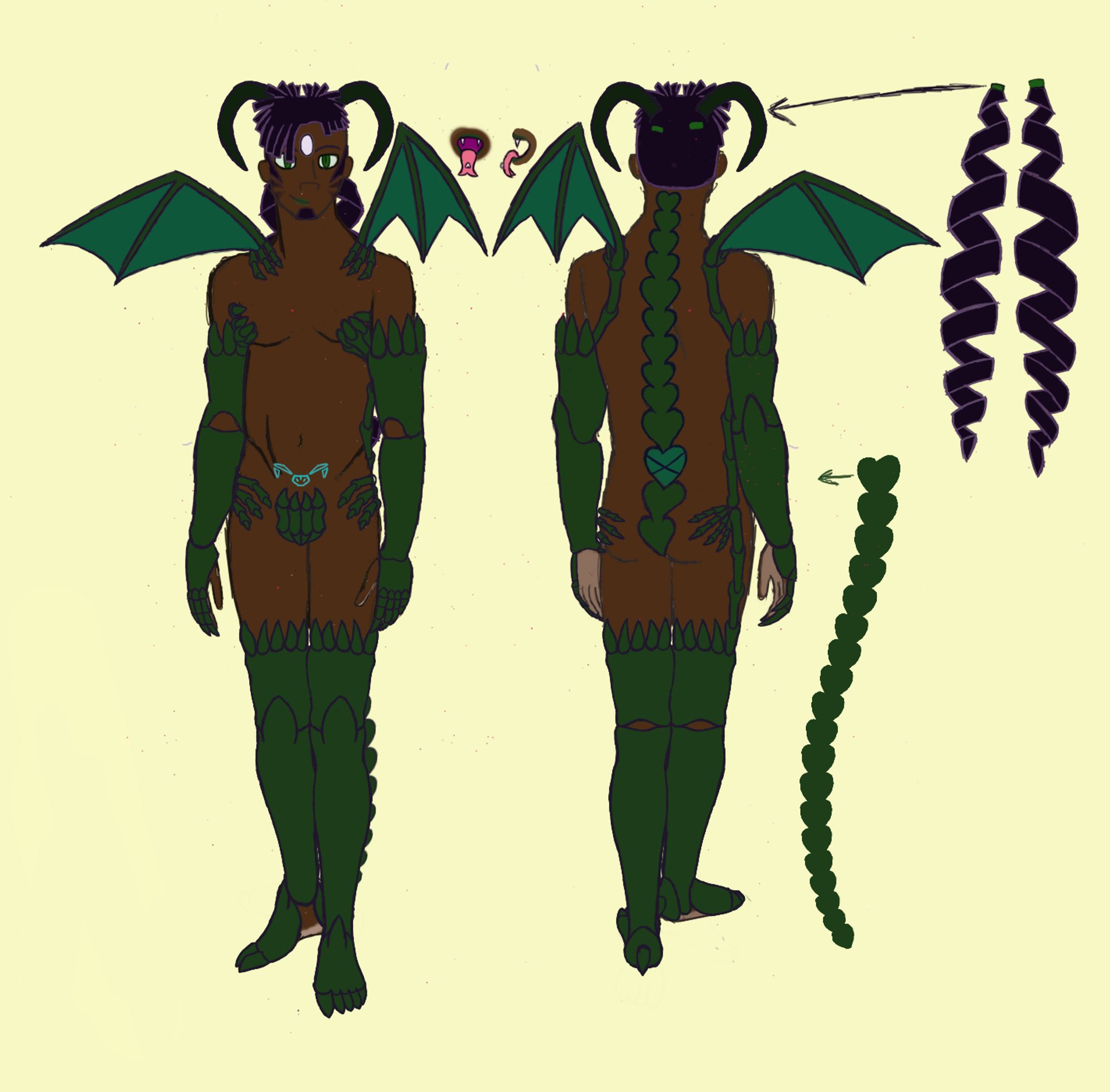 Reference sheet for a dark-skinned incubus character. He has dark green, exoskeletal, thigh-high boots and bicep-length gauntlets bone-like structures covering his genitals and nipples and clutching his hips, buttocks and shoulders.  He also has bat wings, ram horns, a glowing crest on his crotch, and a spine-like structure down his back that extends into a scorpion-like tail.  Additionally, he has fangs, a split tongue with a white bead on it, a white gem on his forehead, and black, curly hair with two hip-length ponytails.