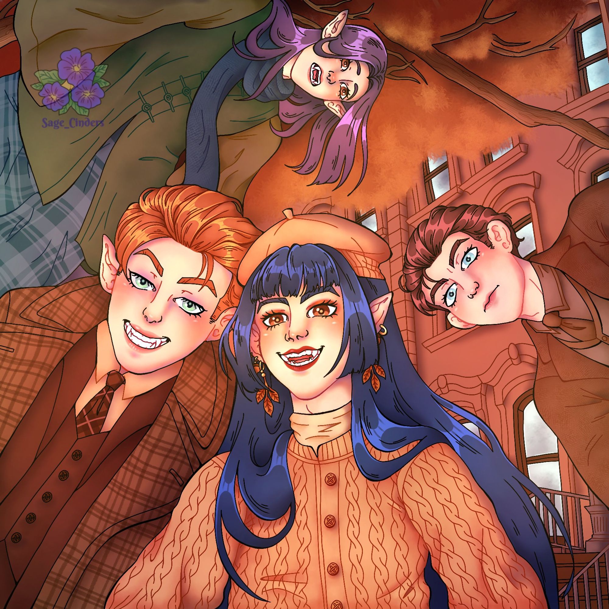 Three vampires and a human hanging out in town. They are looking at a camera from a low pov.