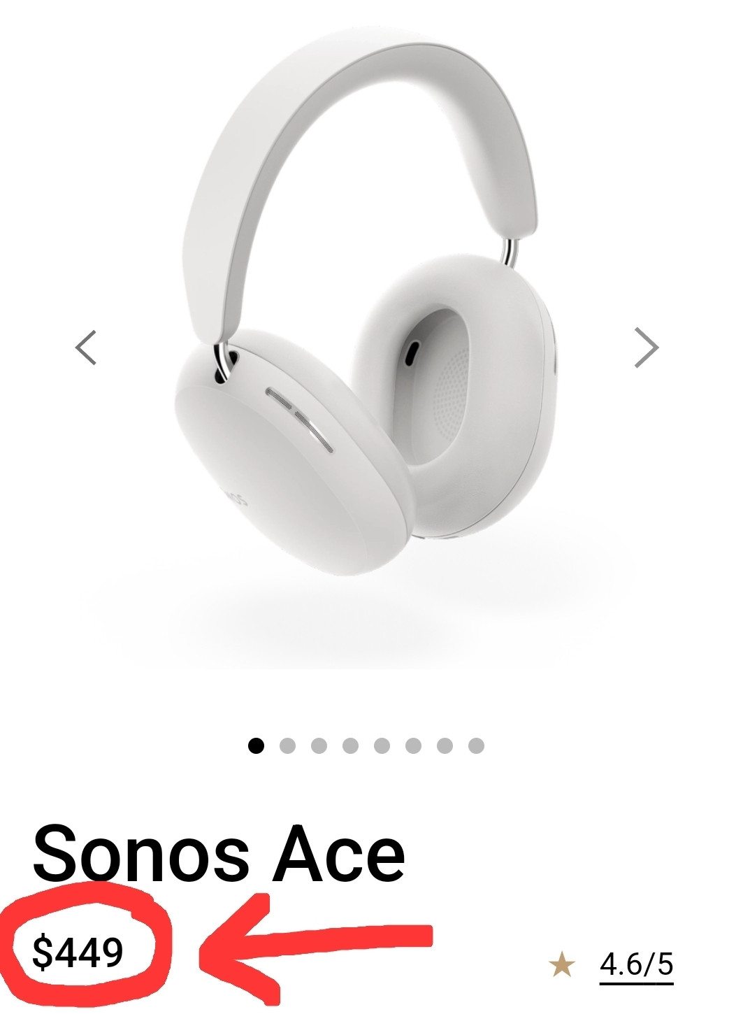 screenshot of product page for Sonos Ace over-ear headphones, showing a pair in white. the price of $449 is circled in red