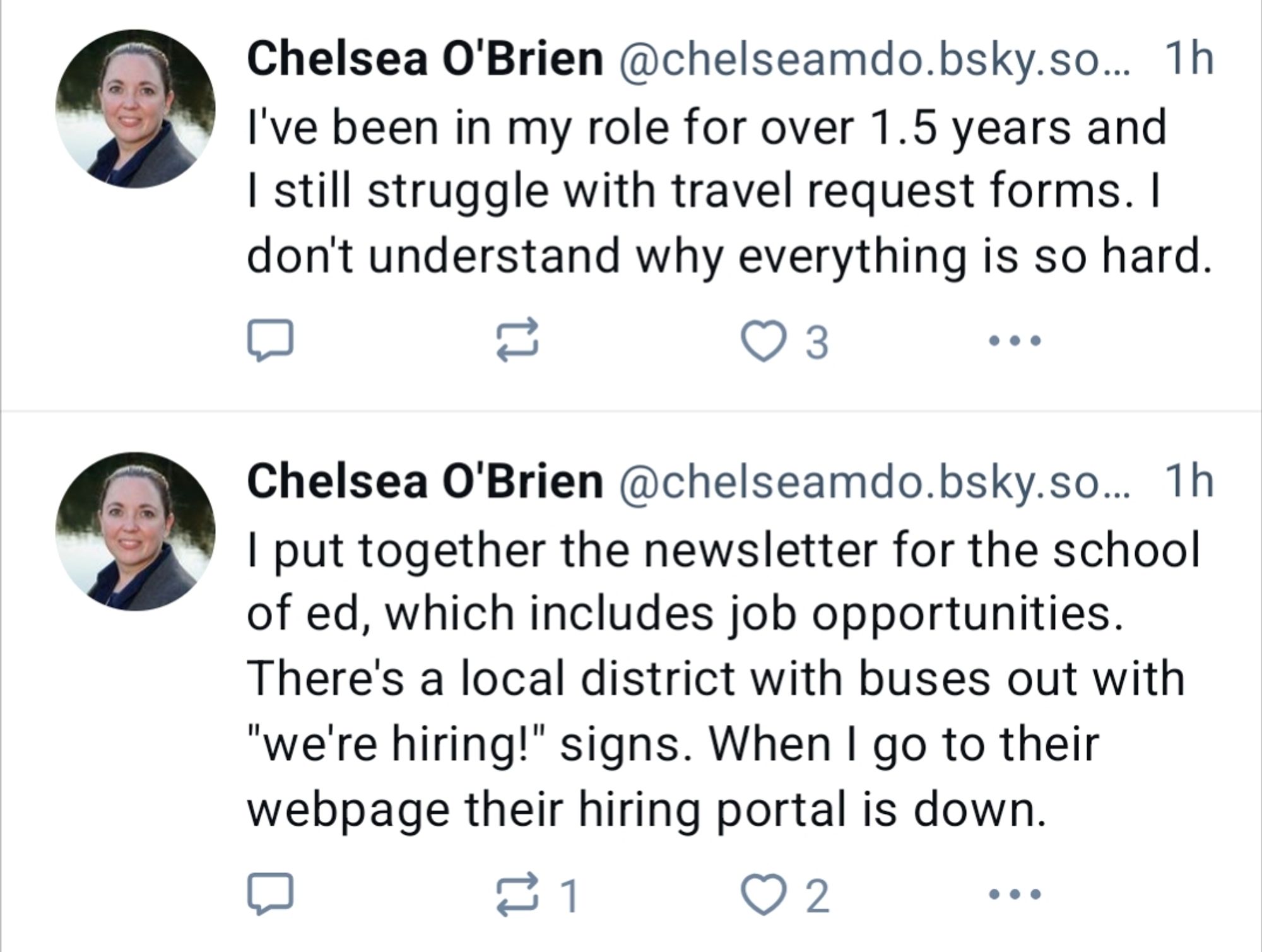 Two posts from Chelsea, with one showing travel paperwork is hard and the other showing job applications at a local district is broken.